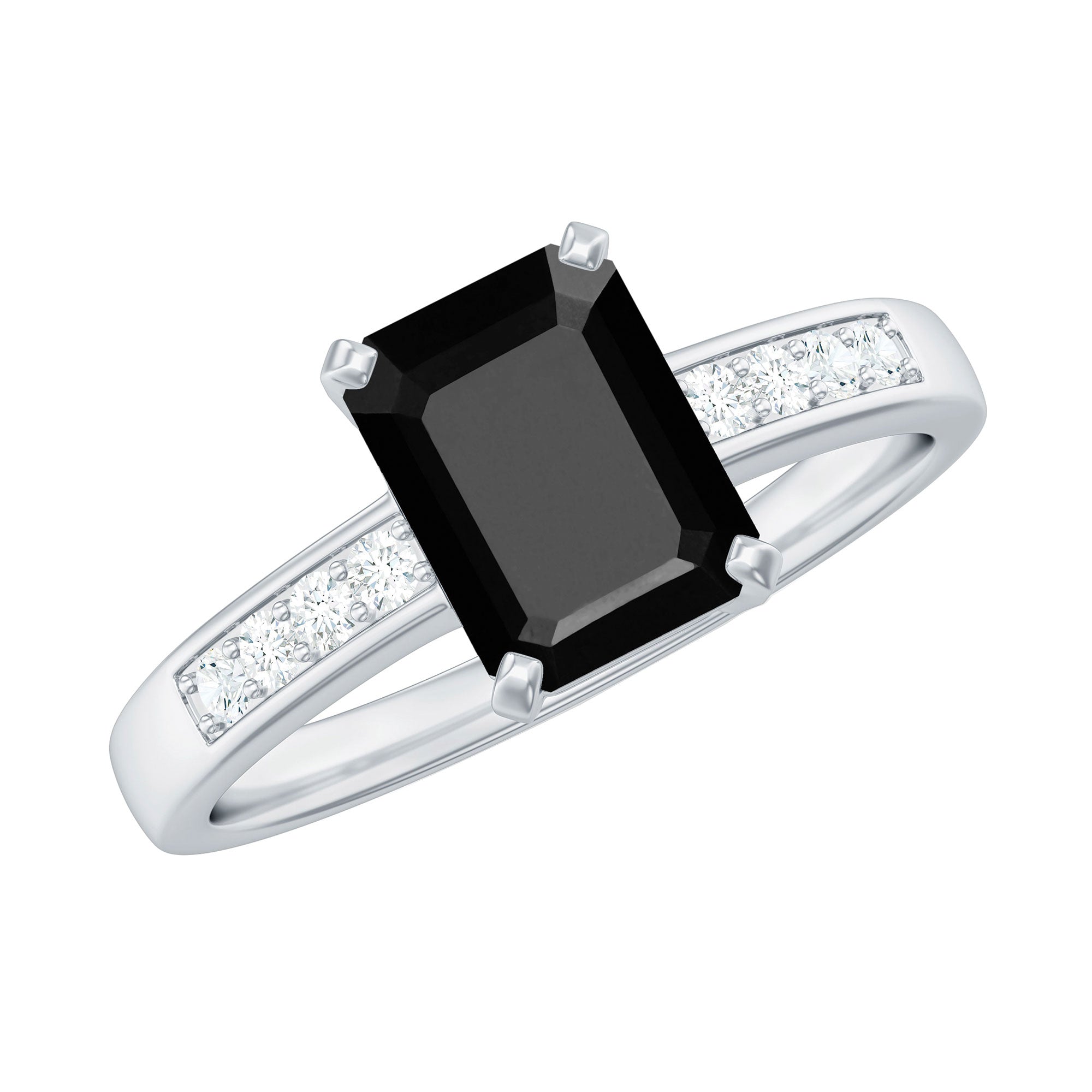 Octagon Cut Created Black Diamond Solitaire Ring with Accent