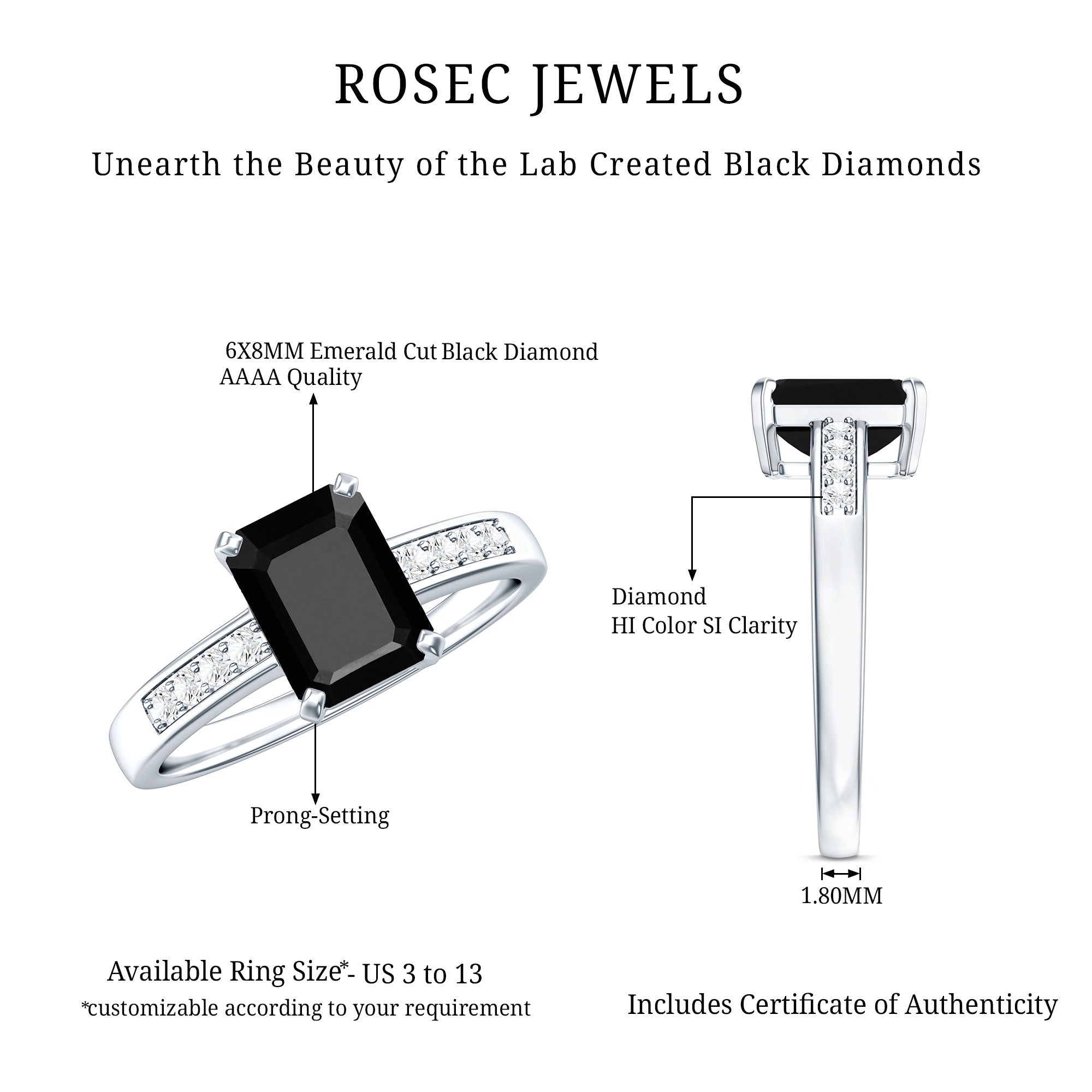 1.6 Carat Emerald Cut Lab Grown Black Diamond Solitaire Engagement Ring with White Diamond AAAA ( Synthetic ) - Rosec Jewels