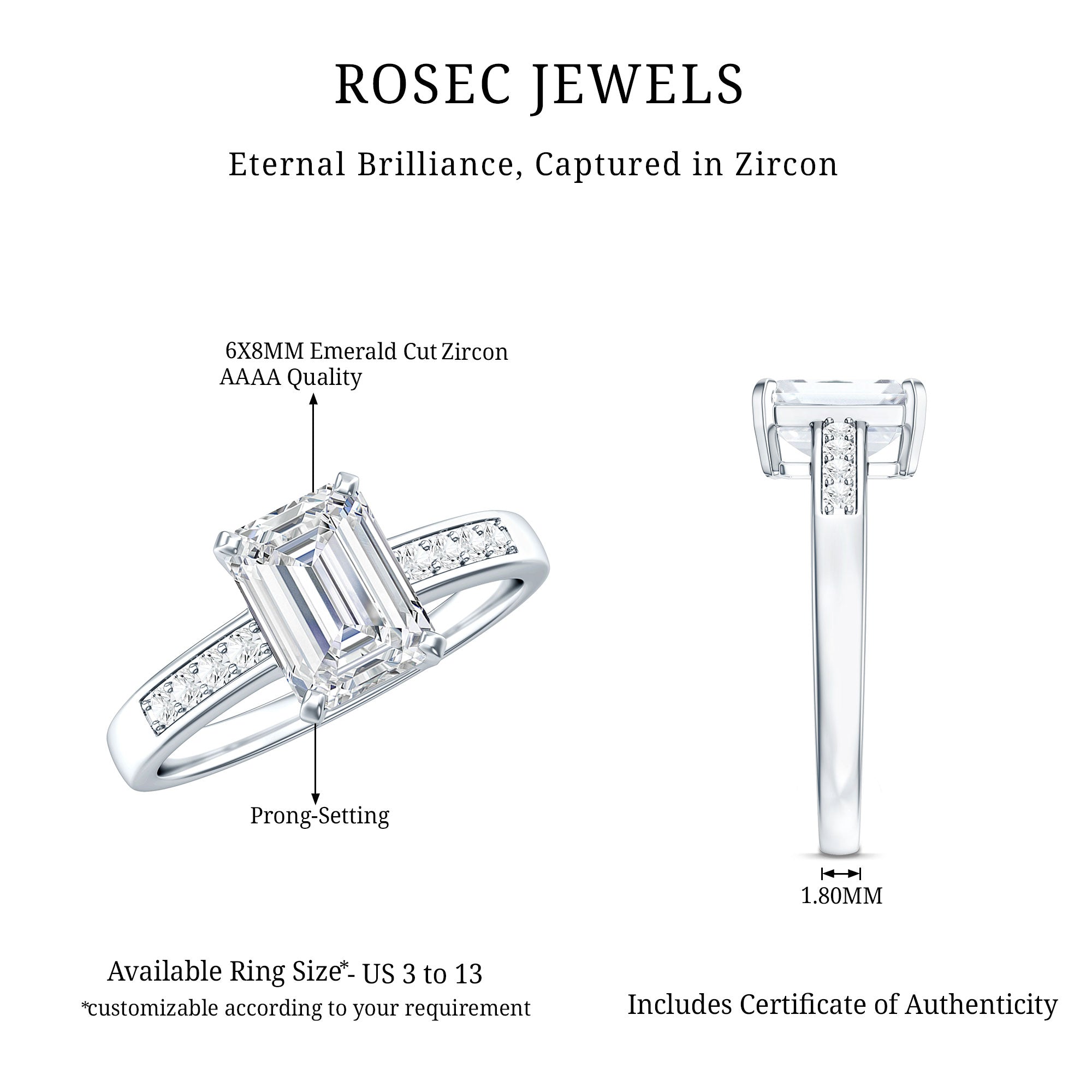 1.8 Carat Emerald Cut Cubic Zirconia Solitaire Engagement Ring AAAA - Rosec Jewels