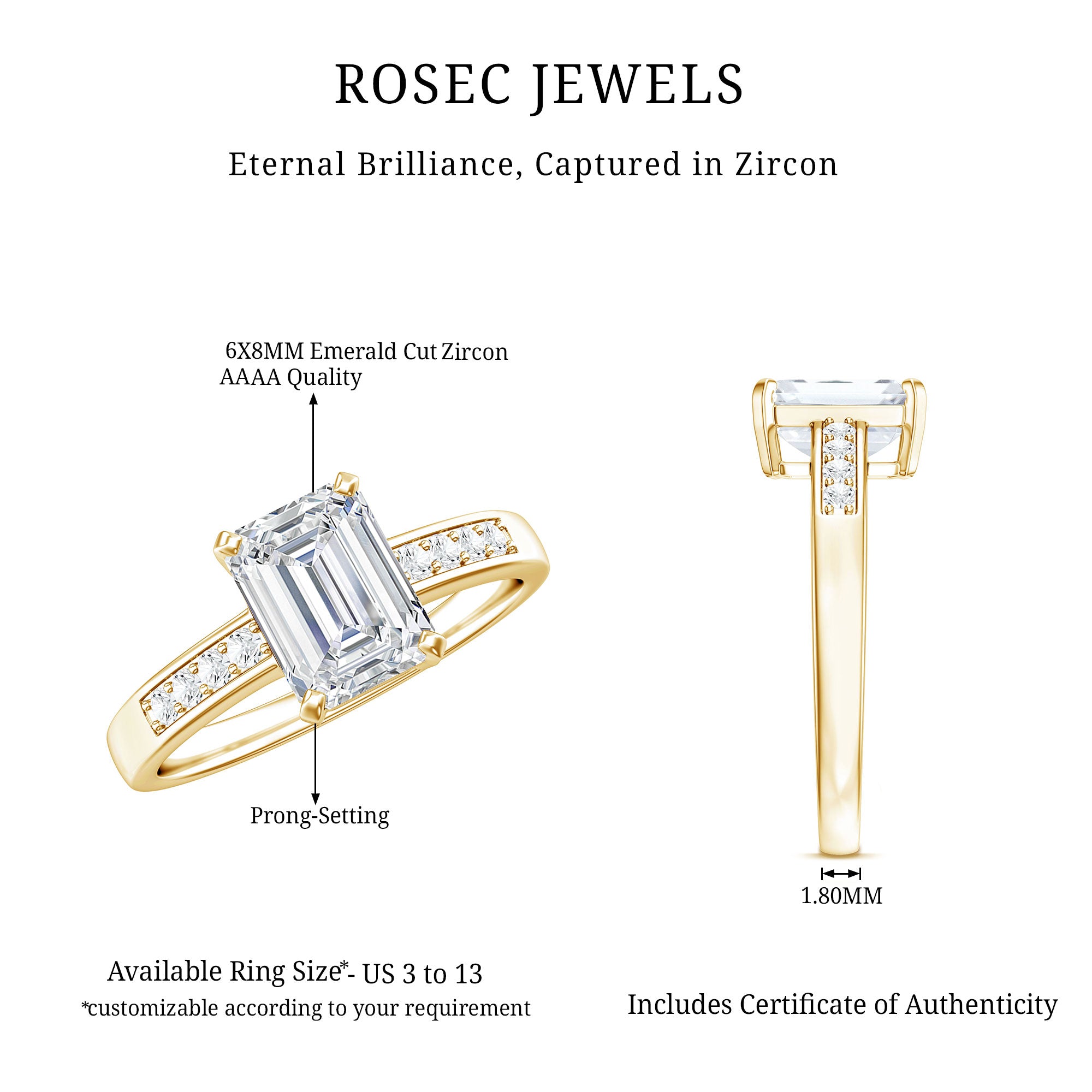 1.8 Carat Emerald Cut Cubic Zirconia Solitaire Engagement Ring AAAA - Rosec Jewels