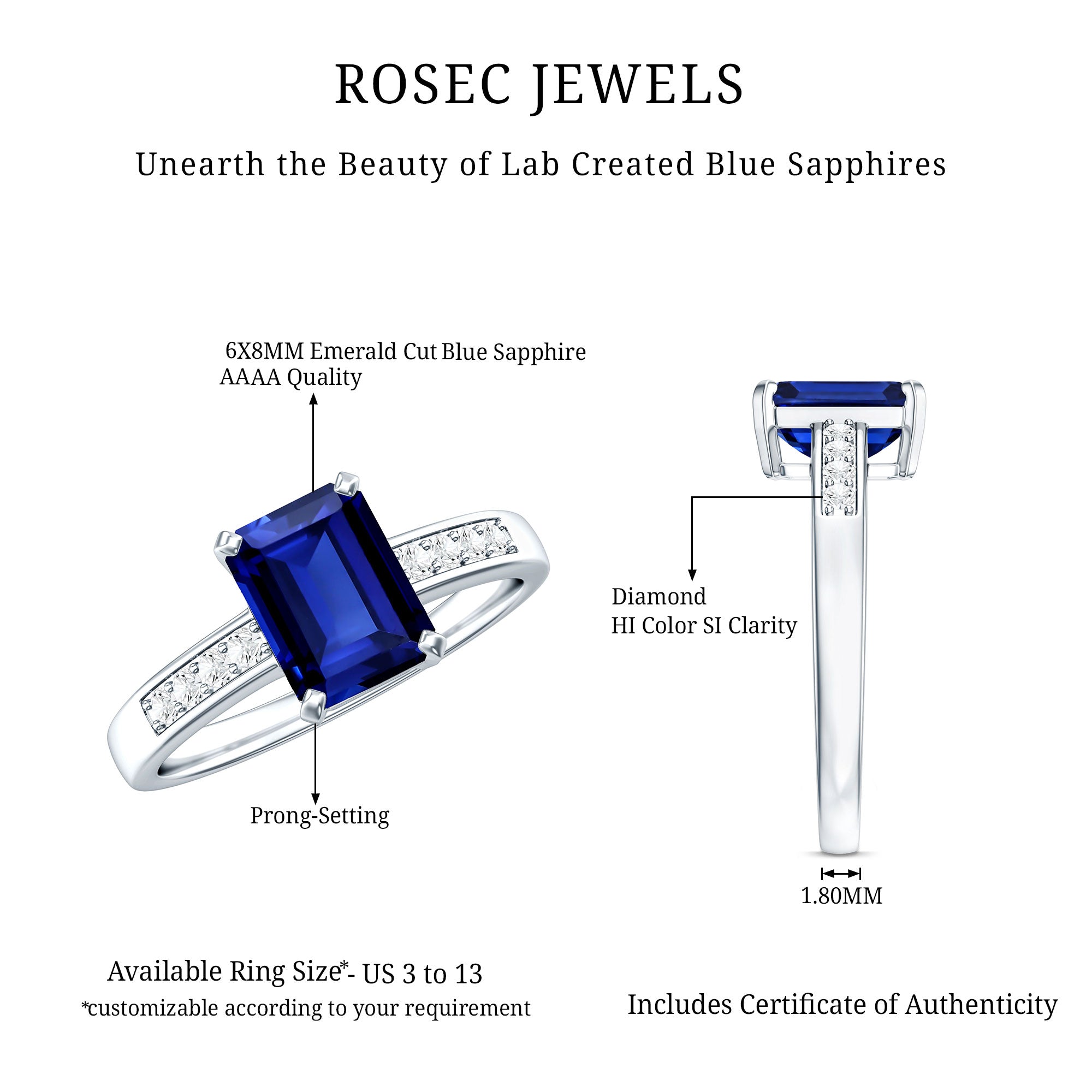 Certified 1.75 Carat Emerald Cut Lab Grown Blue Sapphire Engagement Ring with Diamond AAAA - Rosec Jewels