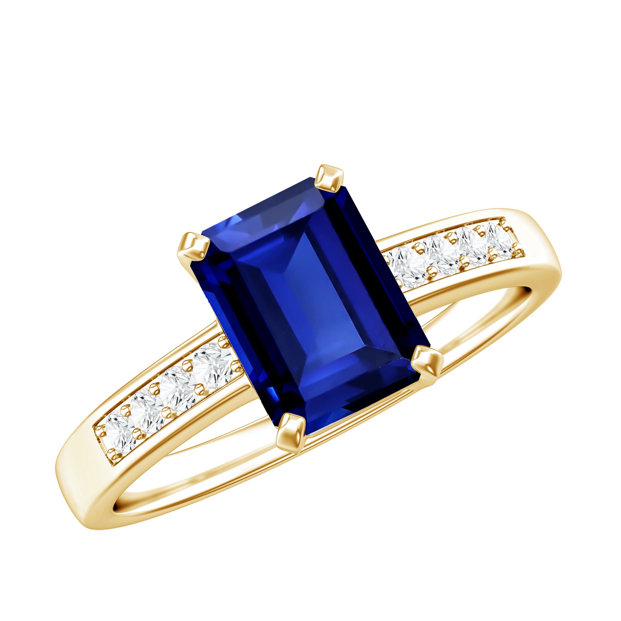 Certified 1.75 Carat Emerald Cut Lab Grown Blue Sapphire Engagement Ring with Diamond AAAA - Rosec Jewels