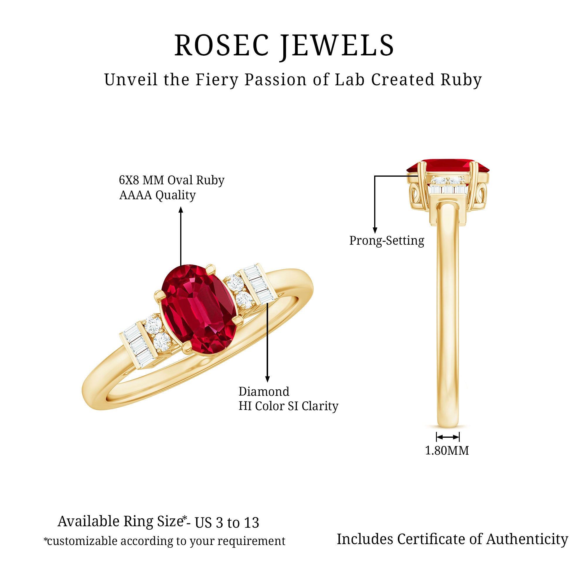 Classic Lab Grown Ruby Engagement Ring with Diamond Stones AAAA - Rosec Jewels