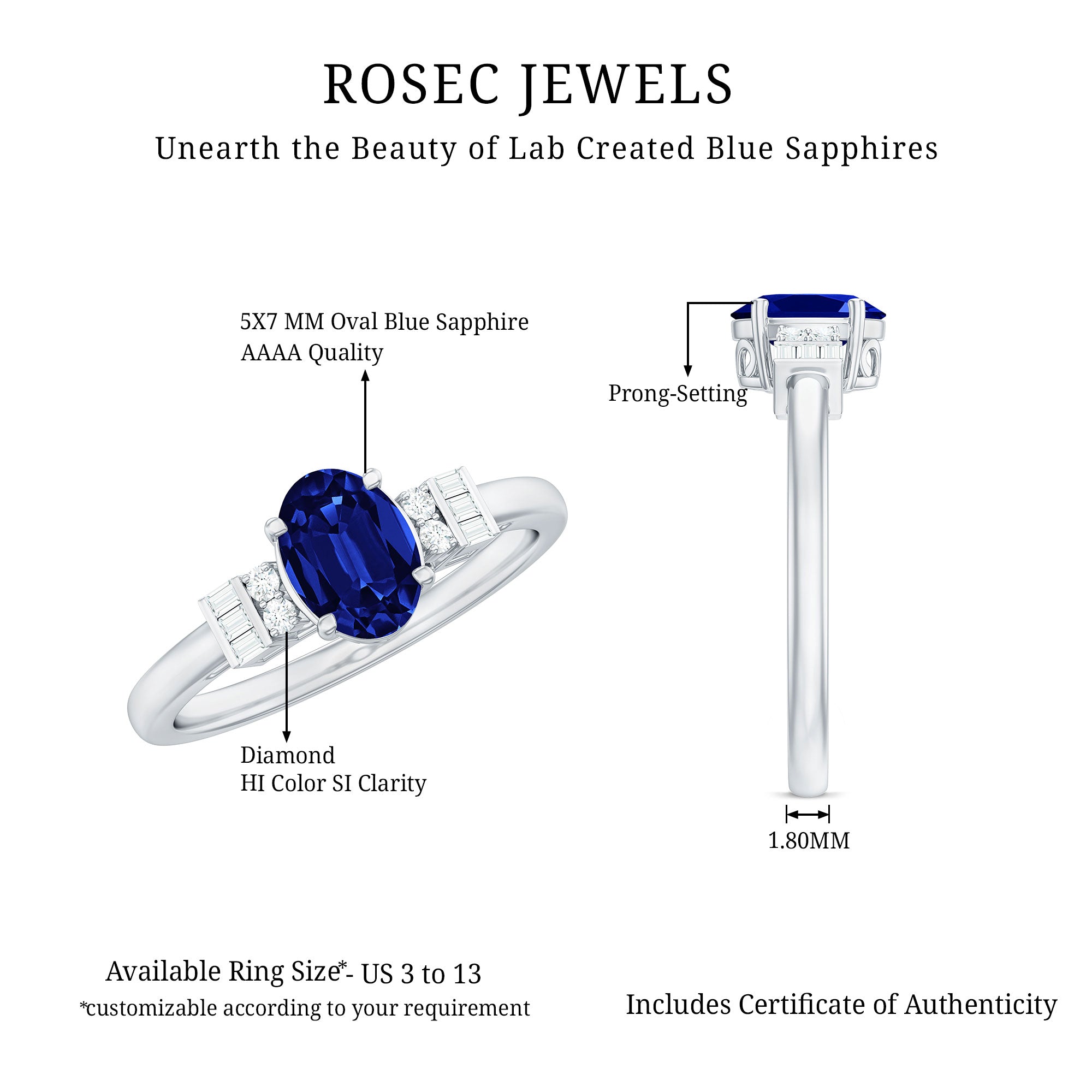 Certified 1 Carat Lab Grown Blue Sapphire Oval Engagement Ring with Diamond AAAA - Rosec Jewels