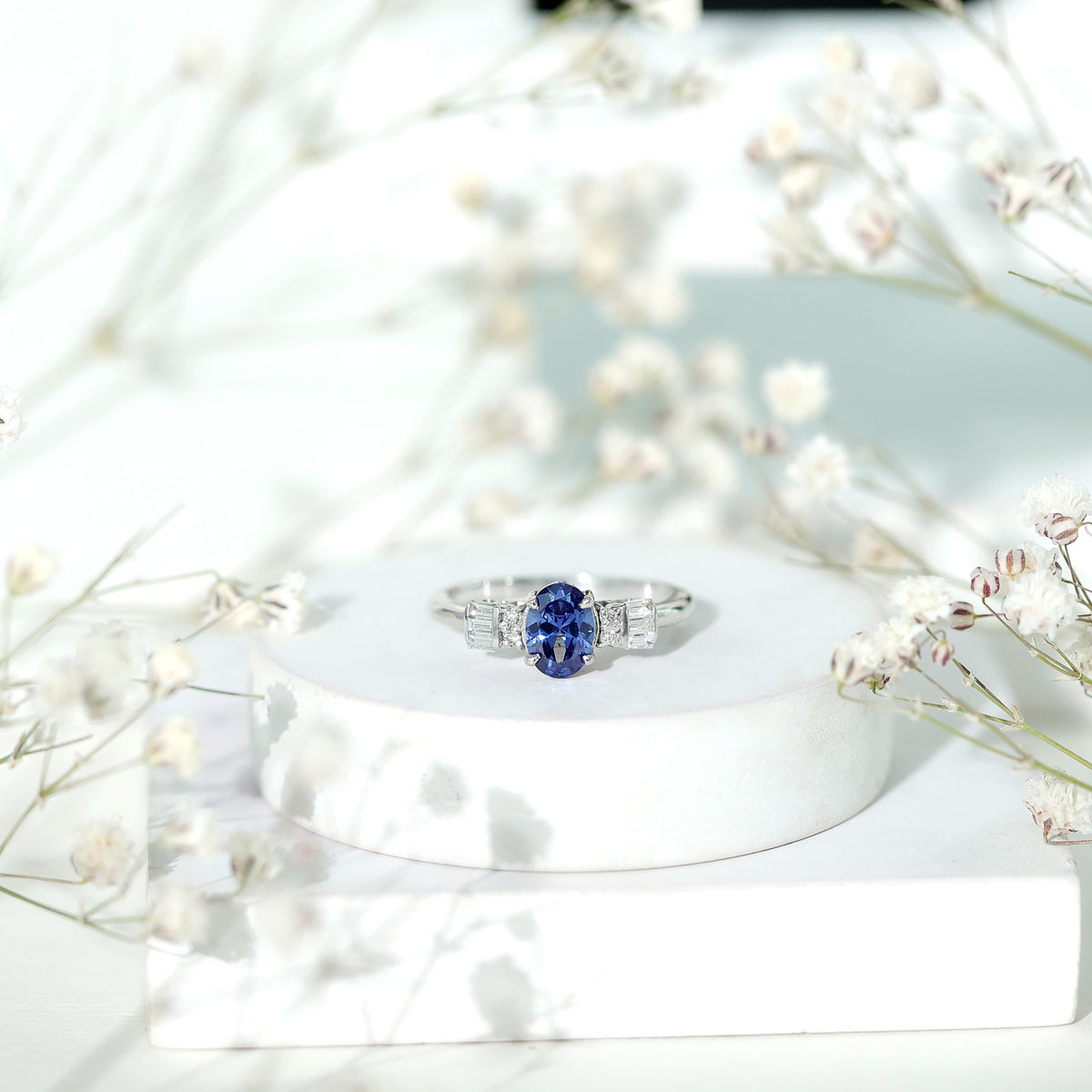 Certified 1 Carat Lab Grown Blue Sapphire Oval Engagement Ring with Diamond AAAA - Rosec Jewels