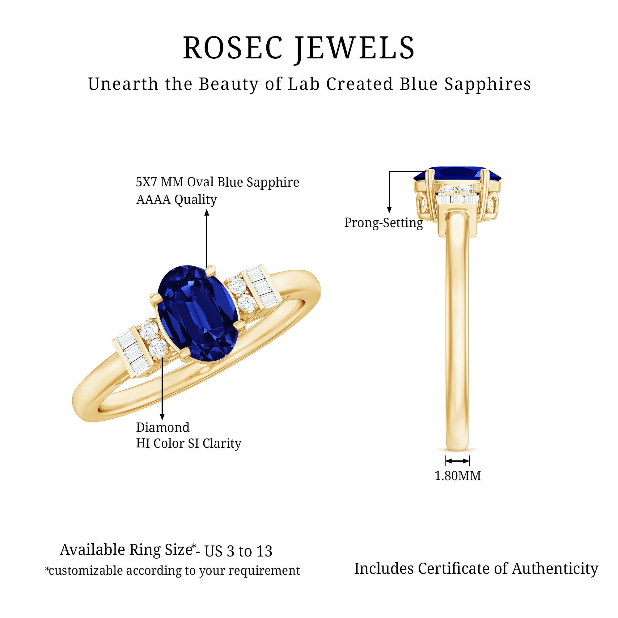 Certified 1 Carat Lab Grown Blue Sapphire Oval Engagement Ring with Diamond AAAA - Rosec Jewels