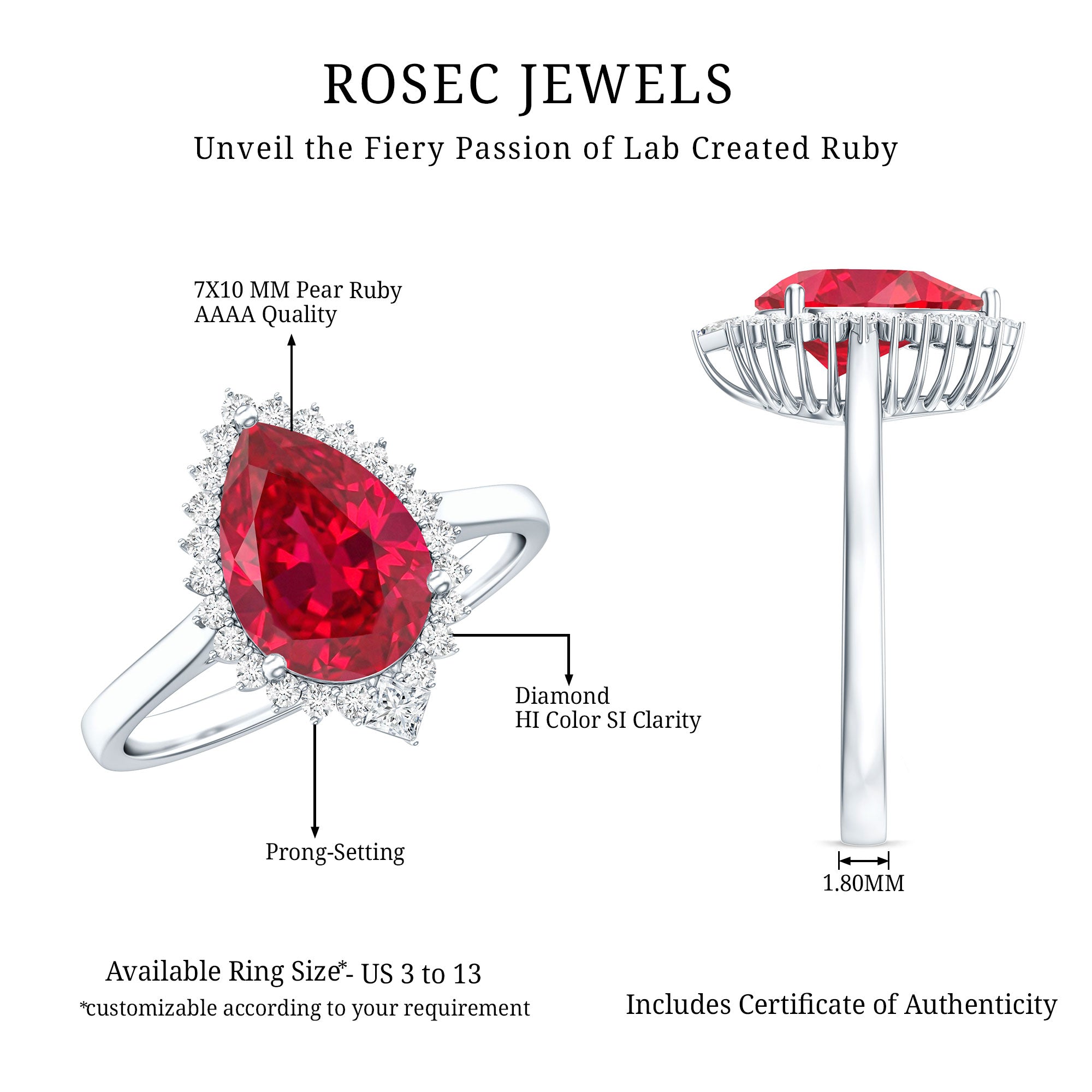 Lab Ruby Teardrop Engagement Ring with Diamond Halo AAAA - Rosec Jewels
