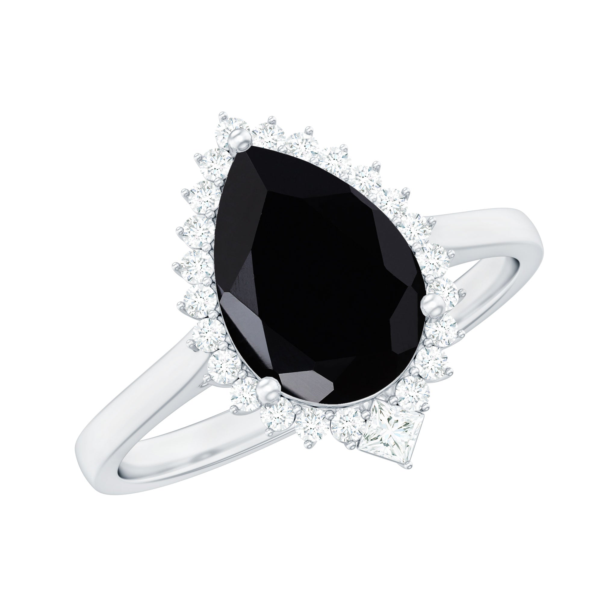 Pear Shaped Black Onyx Big Engagement Ring with Diamond Halo