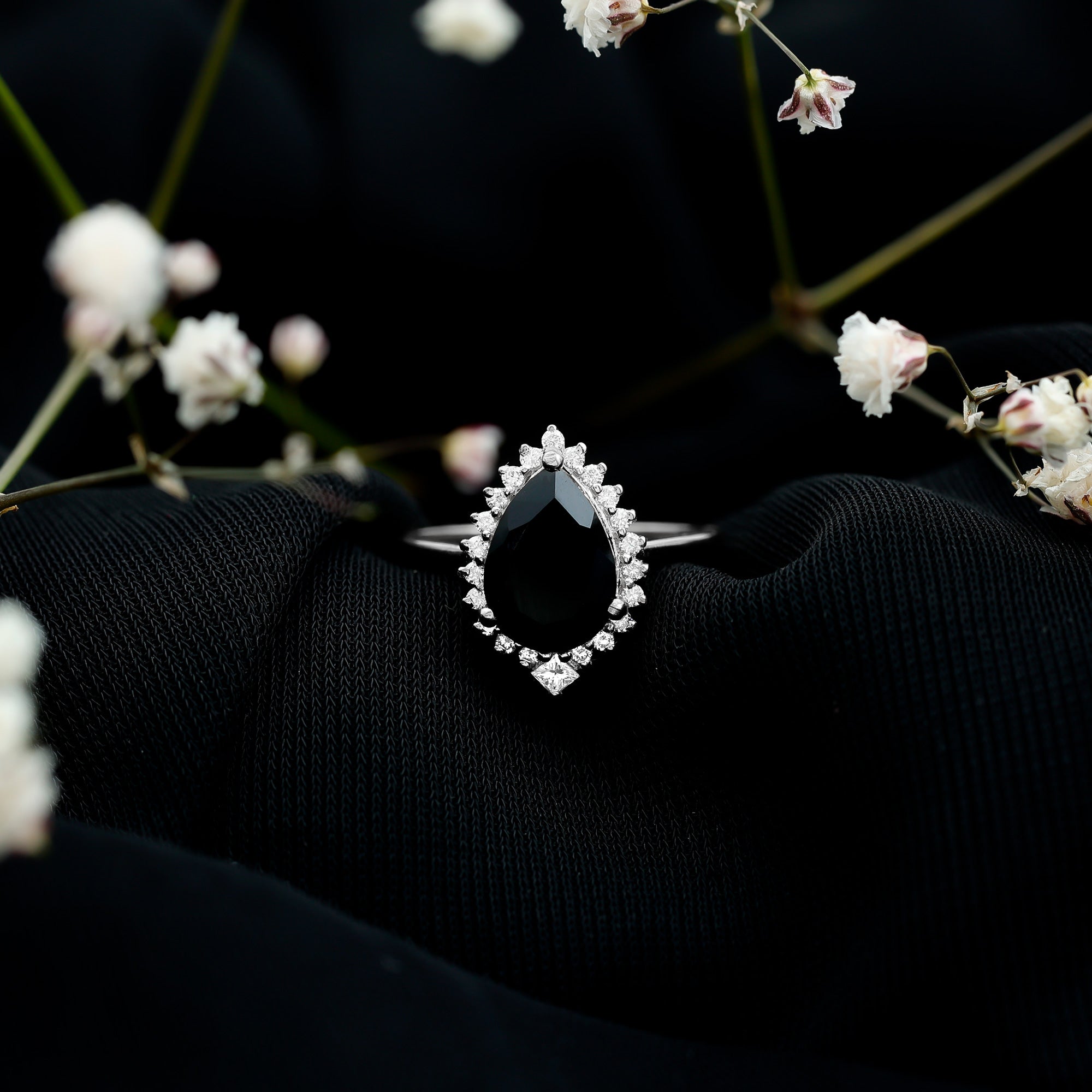 Pear Shaped Black Onyx Big Engagement Ring with Diamond Halo AAA - Rosec Jewels