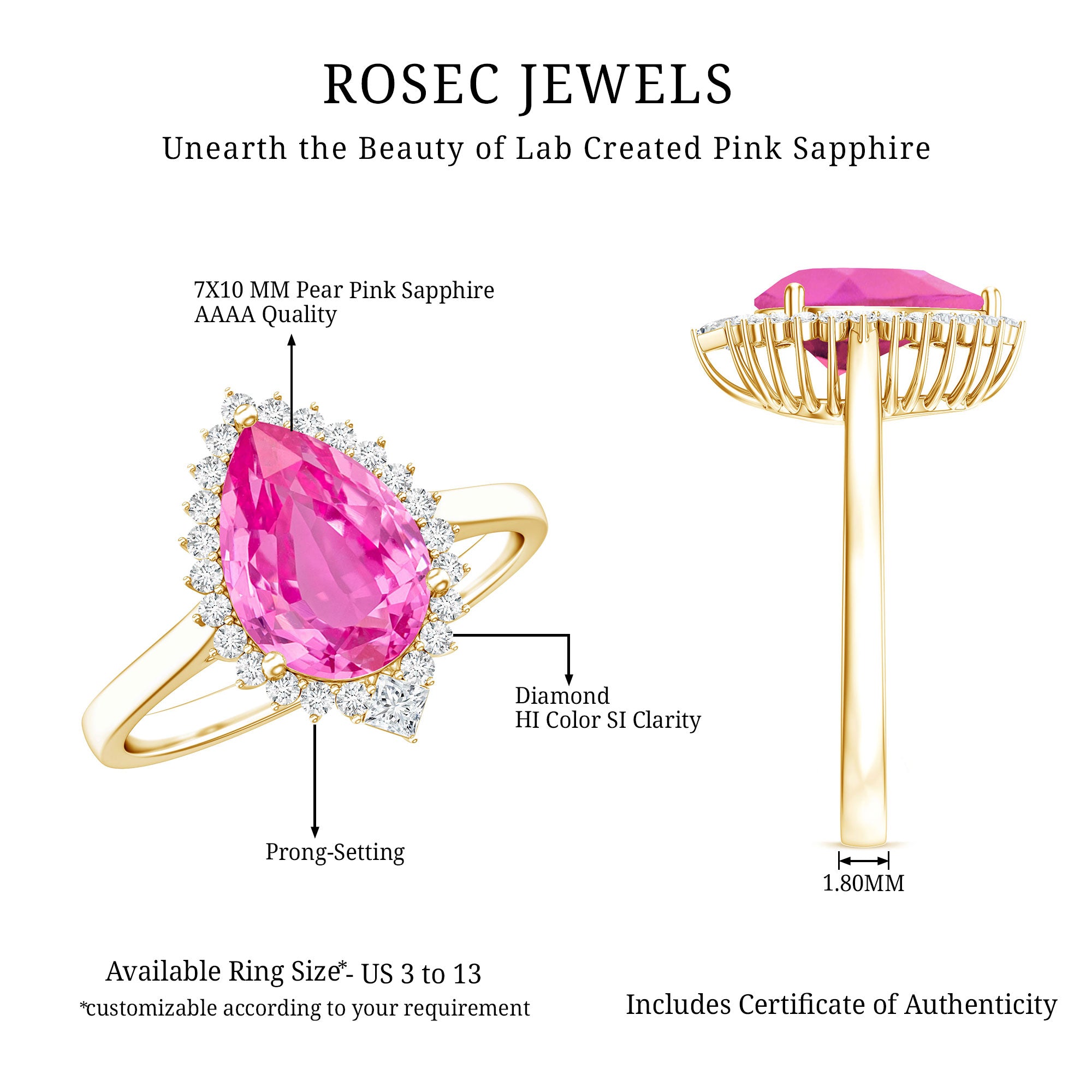 Pear Created Pink Sapphire Cocktail Halo Ring with Diamond AAAA - Rosec Jewels
