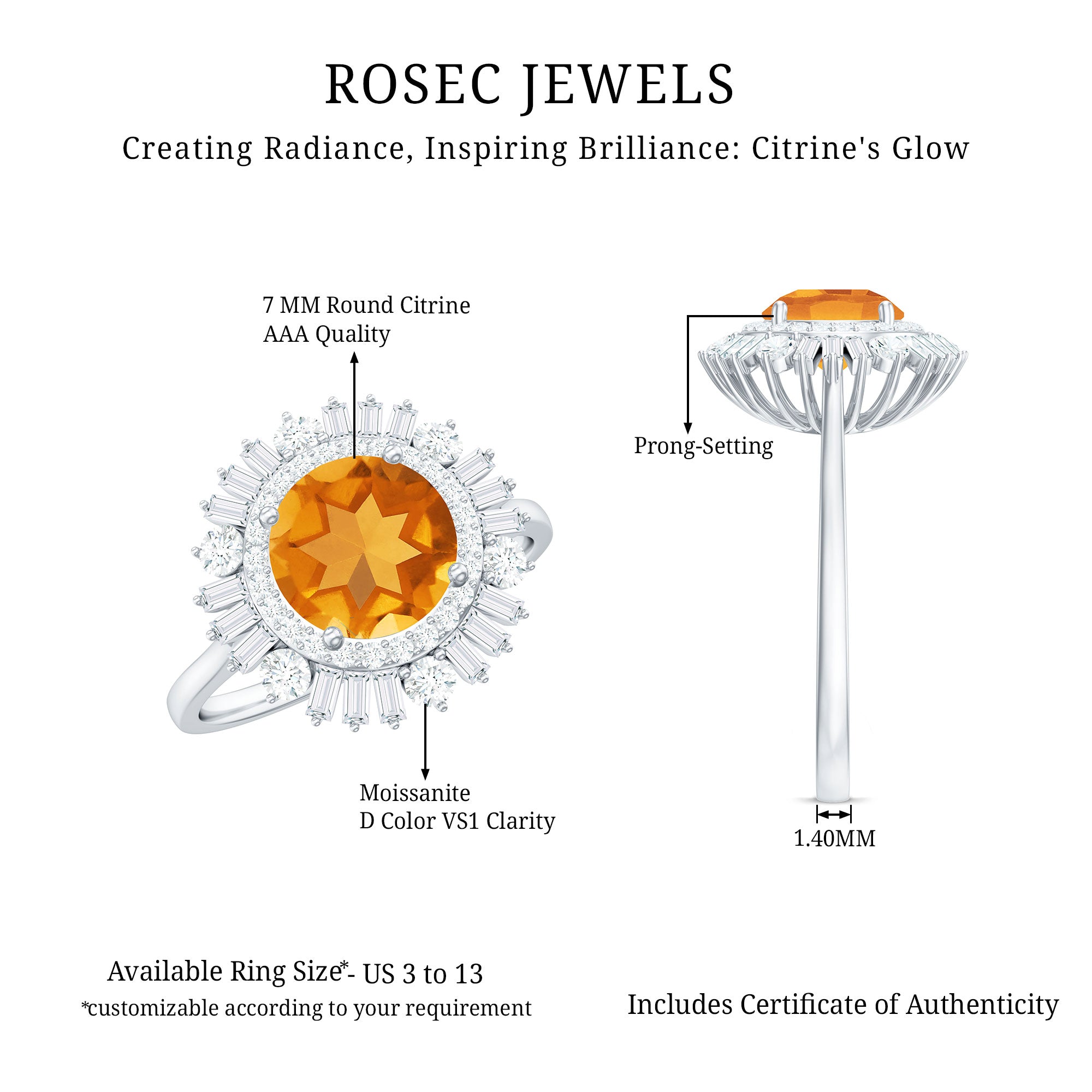 Genuine Citrine Double Halo Engagement Ring with Moissanite AAA - Rosec Jewels