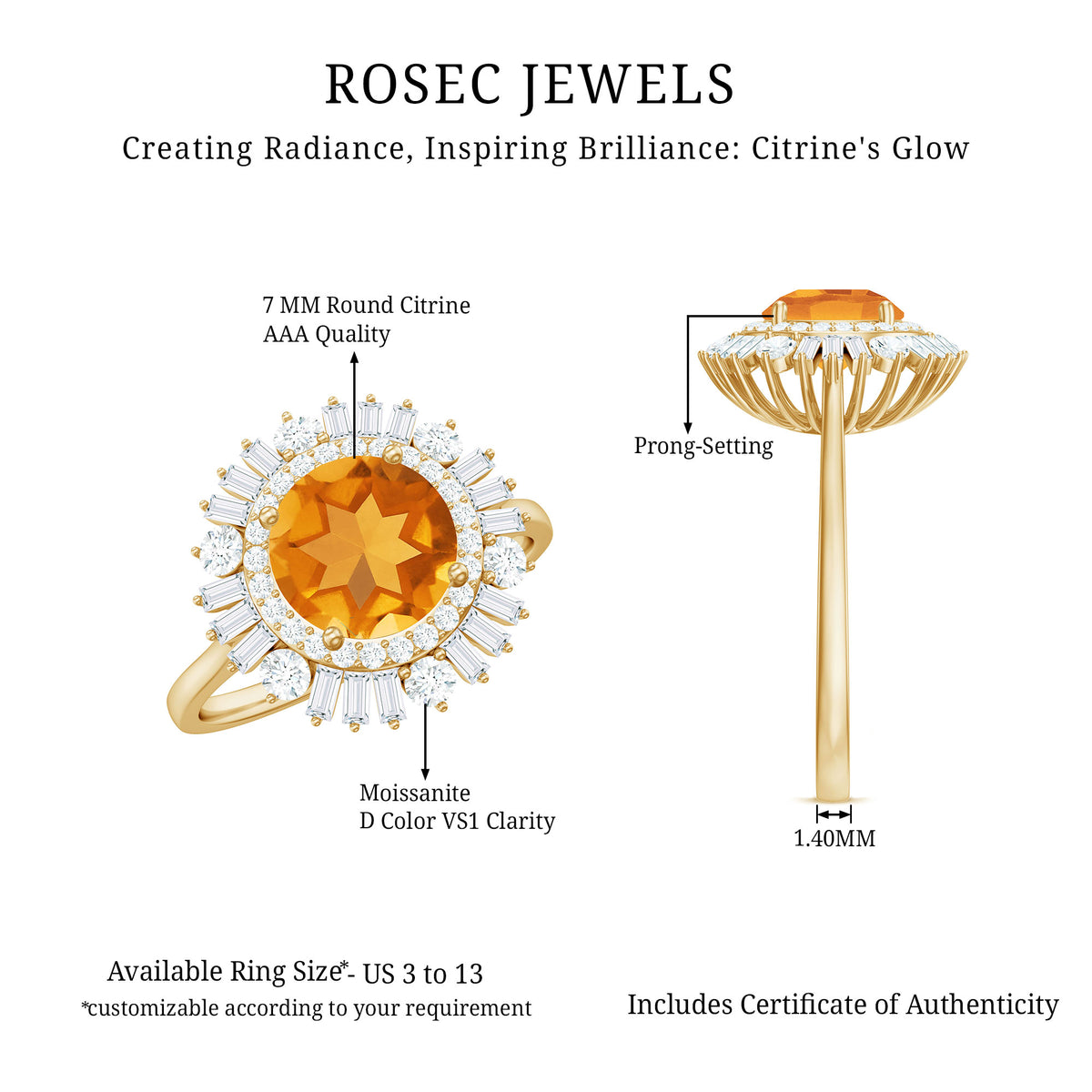Genuine Citrine Double Halo Engagement Ring with Moissanite AAA - Rosec Jewels