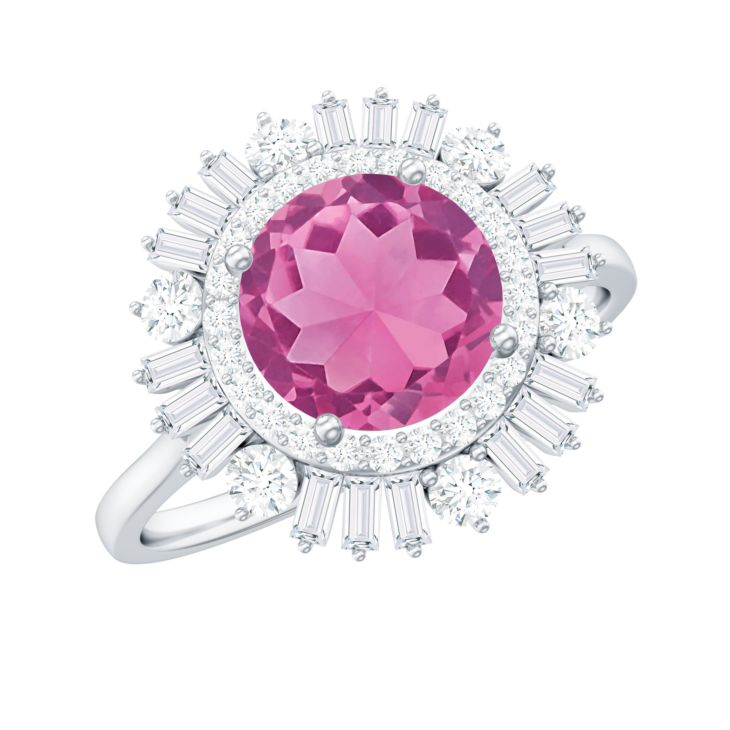 2 CT Round Pink Tourmaline Cocktail Ring with Moissanite Double Halo