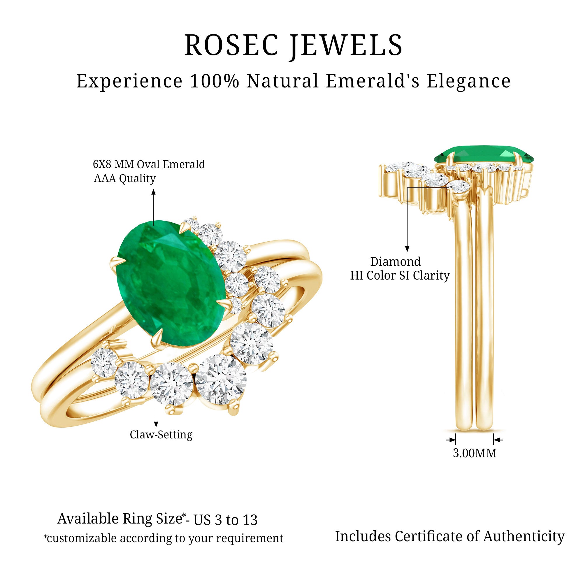 Natural Emerald Wedding Engagement Ring Set with Diamond AAA - Rosec Jewels