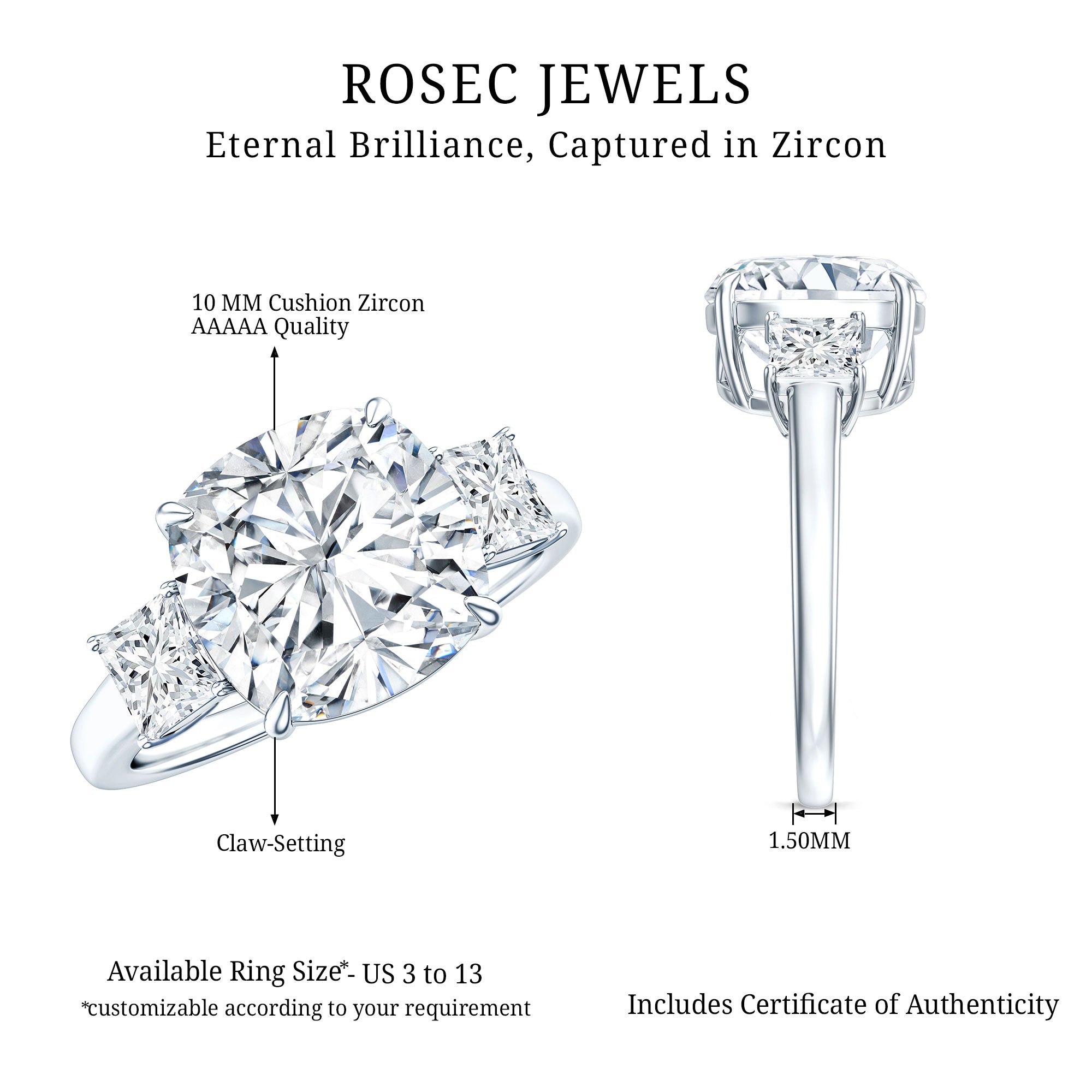 Certified 6 Carat Cubic Zirconia Three Stone Engagement Ring AAAAA 92.5 Sterling Silver - Rosec Jewels