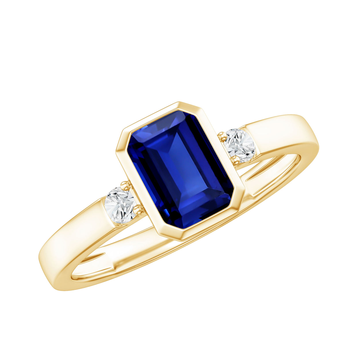 Bezel Set 1.75 Carat Lab Grown Blue Sapphire Emerald Cut Engagement Ring with Diamond AAAA - Rosec Jewels
