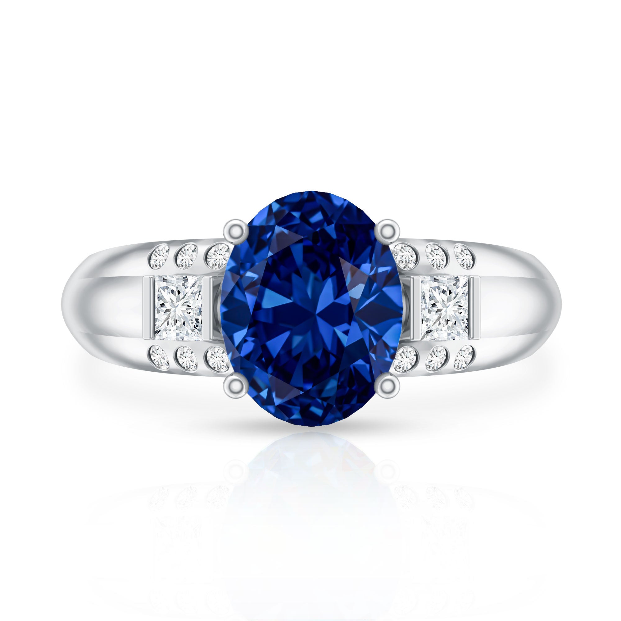 Certified Oval 4 Carat Lab Grown Blue Sapphire Statement Engagement Ring with Diamond AAAA - Rosec Jewels