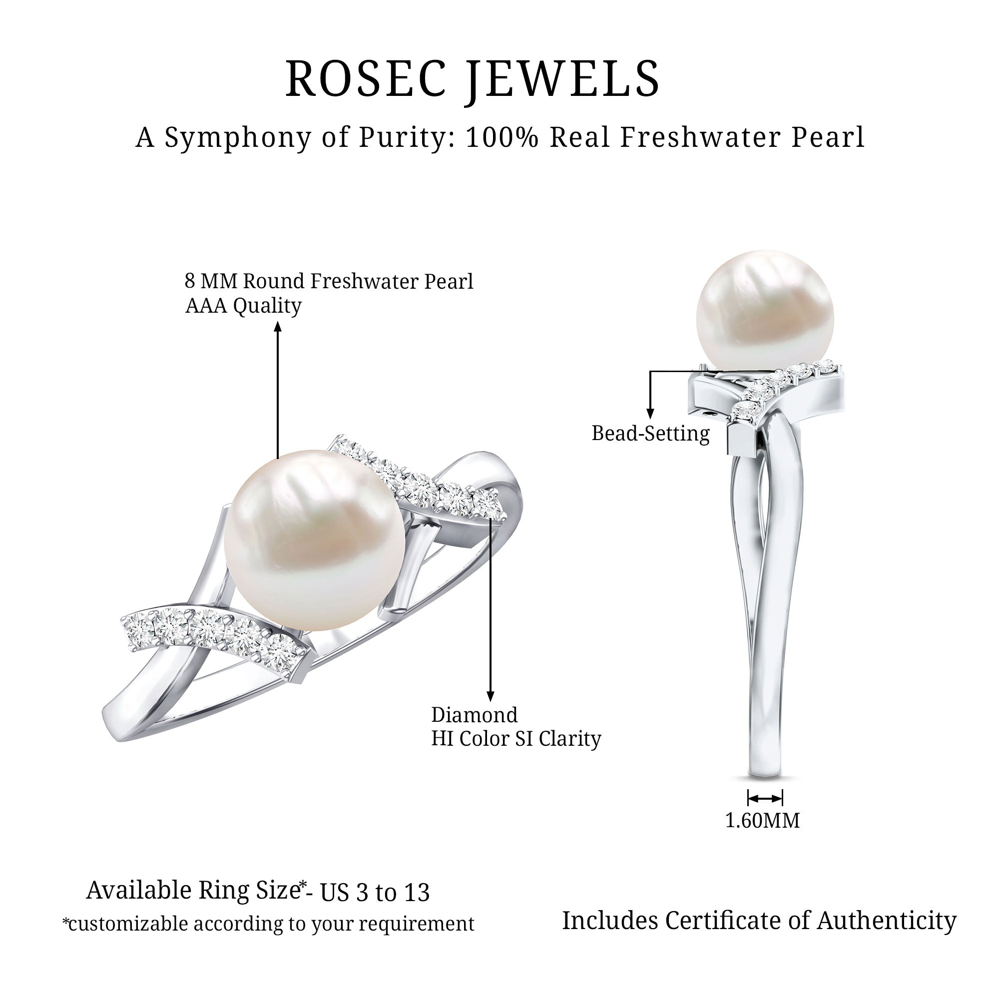 Pure Freshwater Pearl Solitaire Crossover Ring with Diamond AAA - Rosec Jewels