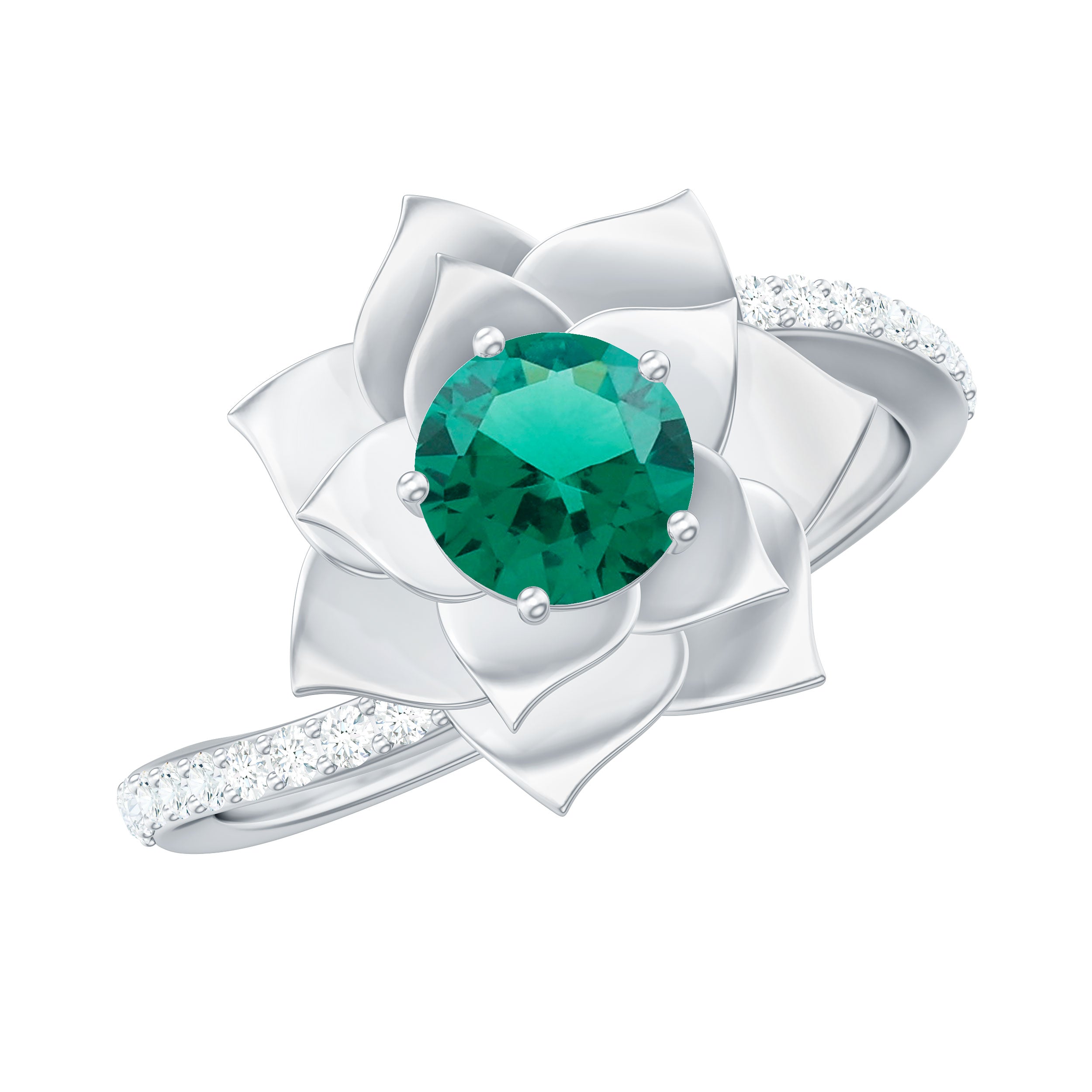 Certified Lab Grown Emerald Diamond Flower Engagement Ring with Bypass Shank