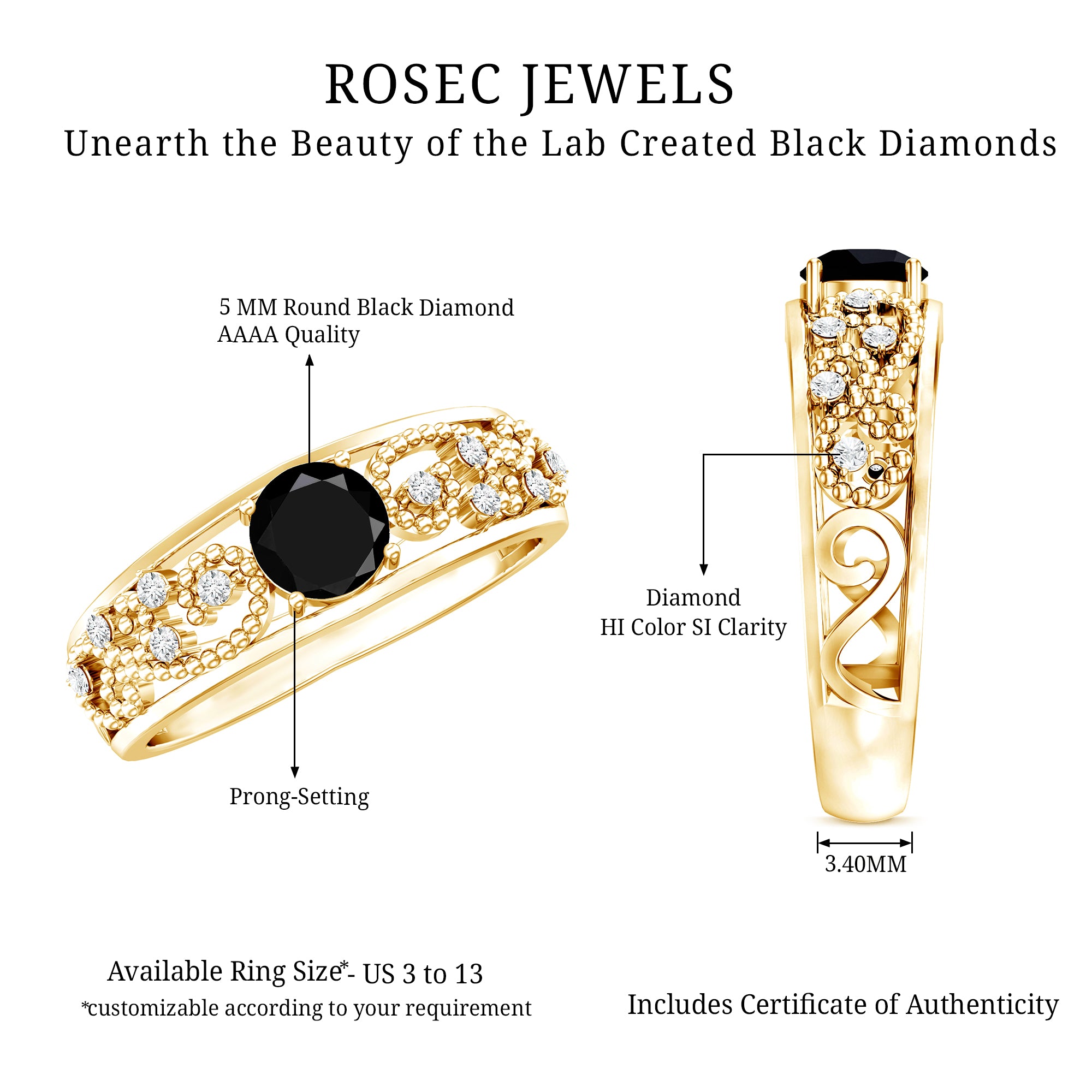 Vintage Inspired 0.8 Carat Lab Grown Black and White Diamond Engagement Ring AAAA ( Synthetic ) - Rosec Jewels