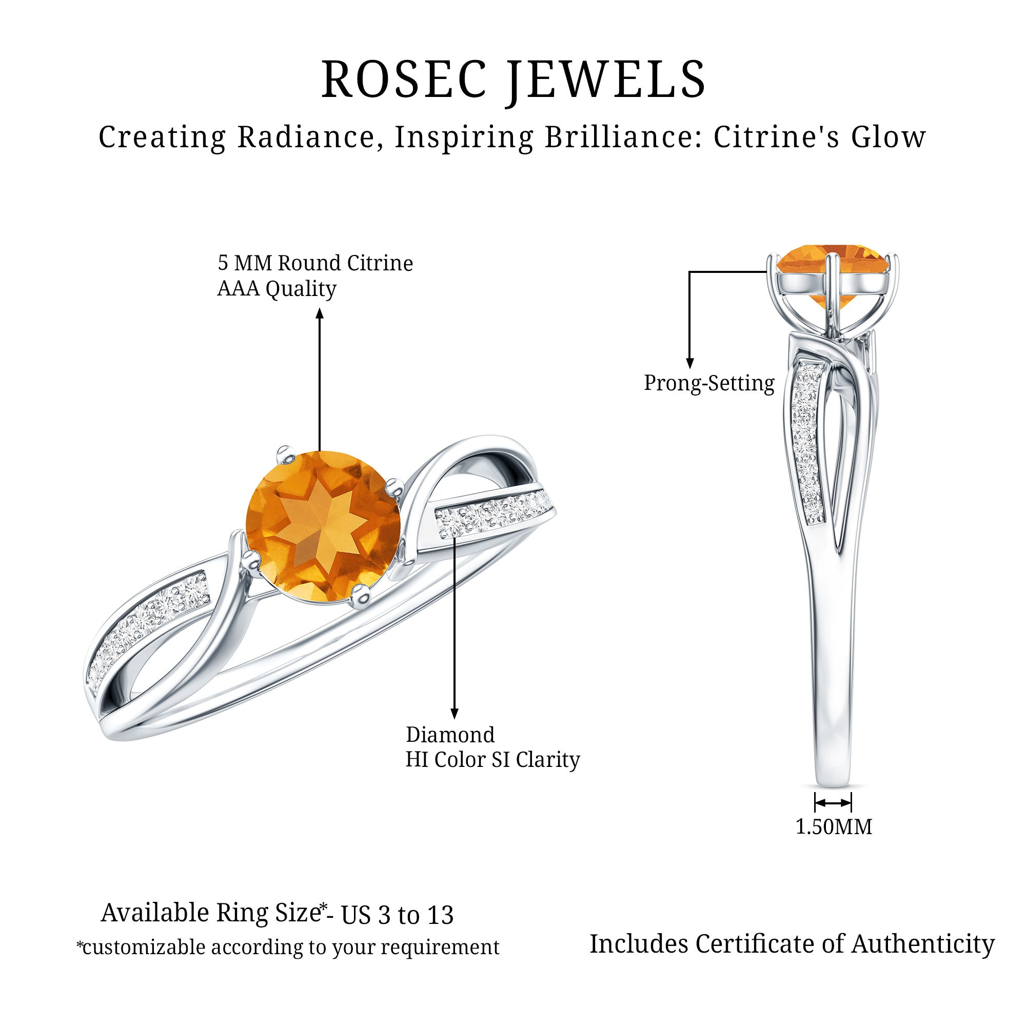 Natural Citrine Engagement Ring with Diamond Crossover Shank AAA - Rosec Jewels