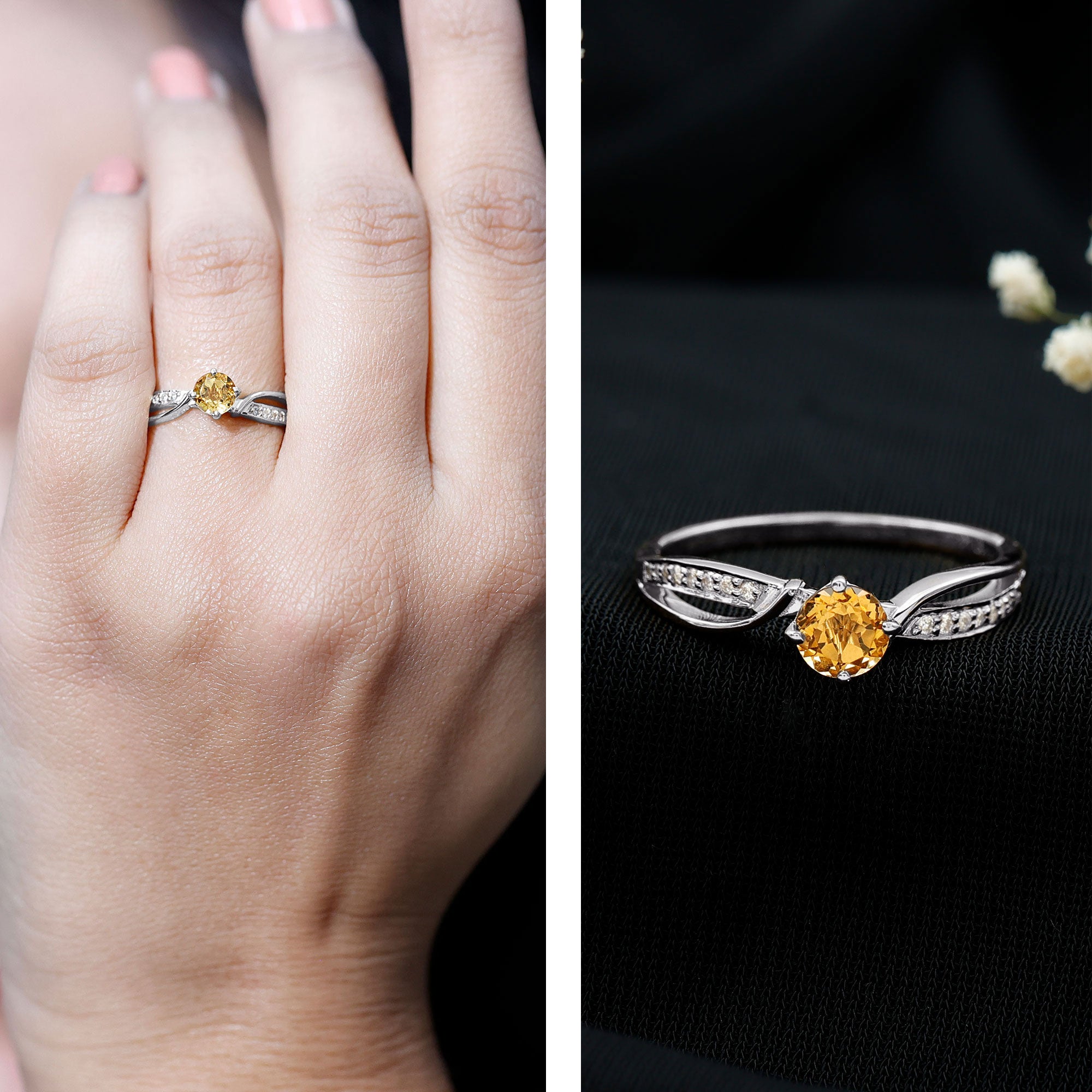 Natural Citrine Engagement Ring with Diamond Crossover Shank AAA - Rosec Jewels