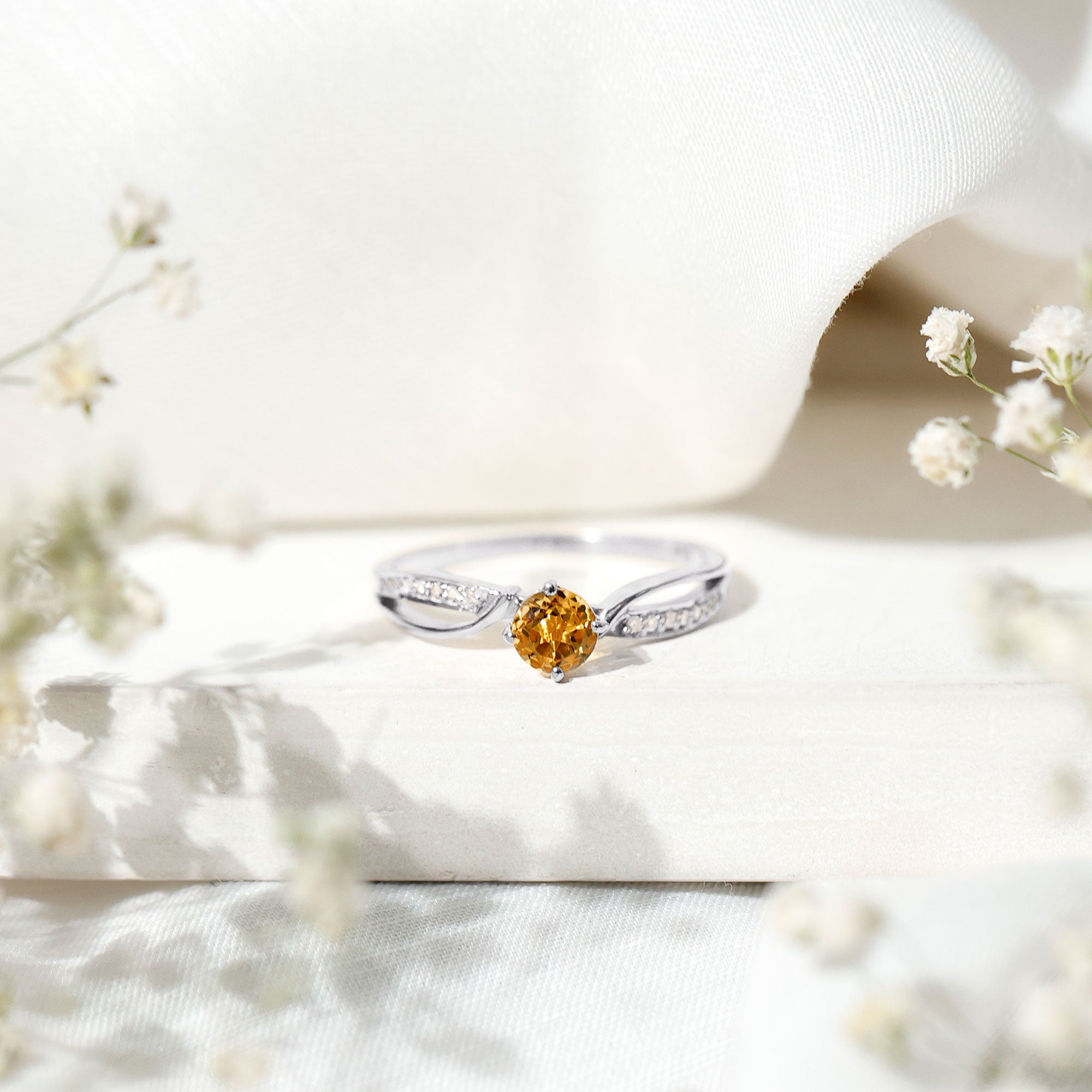 Natural Citrine Engagement Ring with Diamond Crossover Shank AAA - Rosec Jewels
