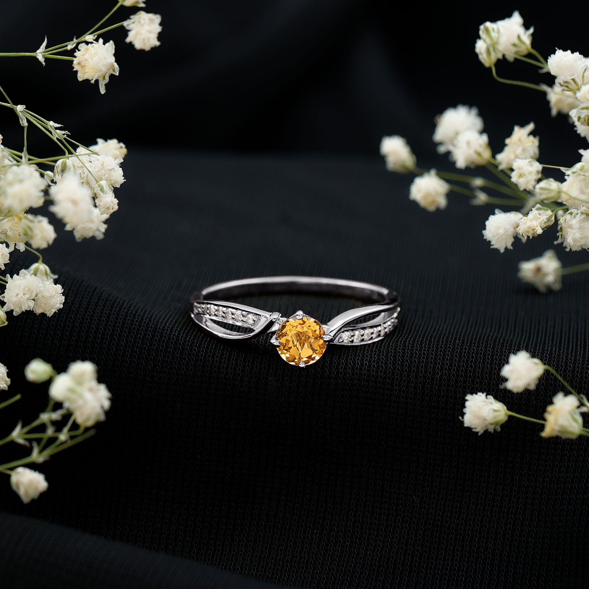 Natural Citrine Engagement Ring with Diamond Crossover Shank AAA - Rosec Jewels
