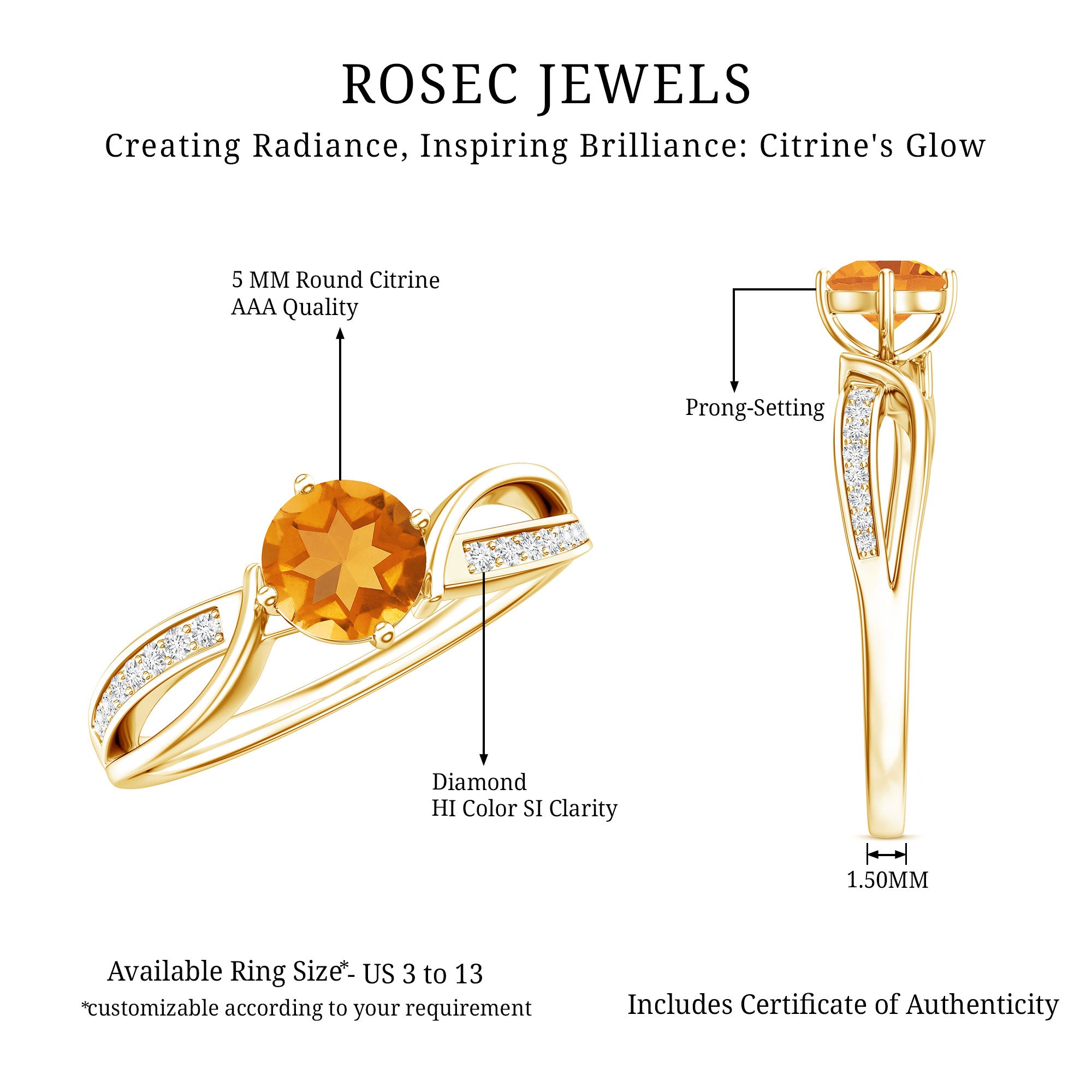 Natural Citrine Engagement Ring with Diamond Crossover Shank AAA - Rosec Jewels