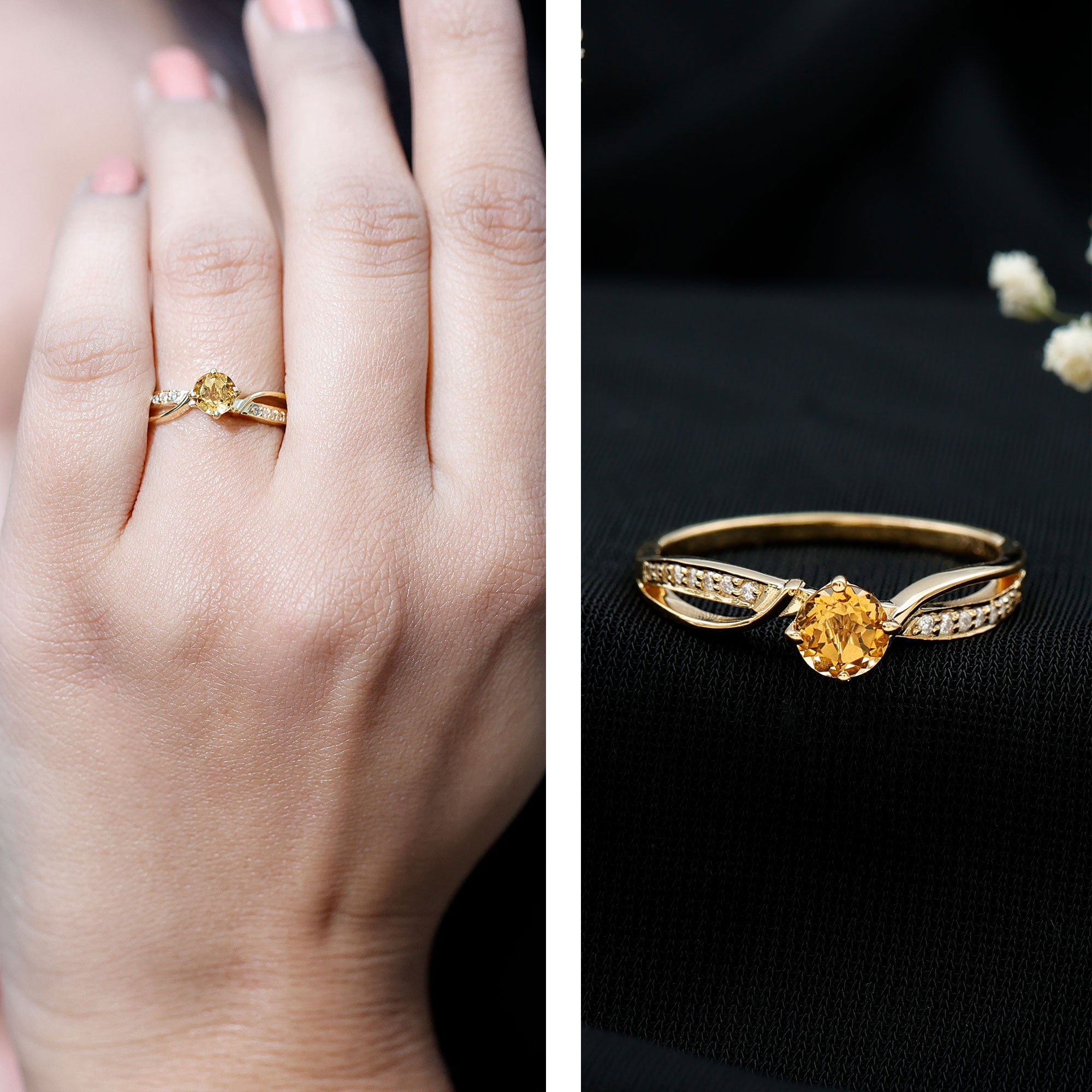 Natural Citrine Engagement Ring with Diamond Crossover Shank AAA - Rosec Jewels
