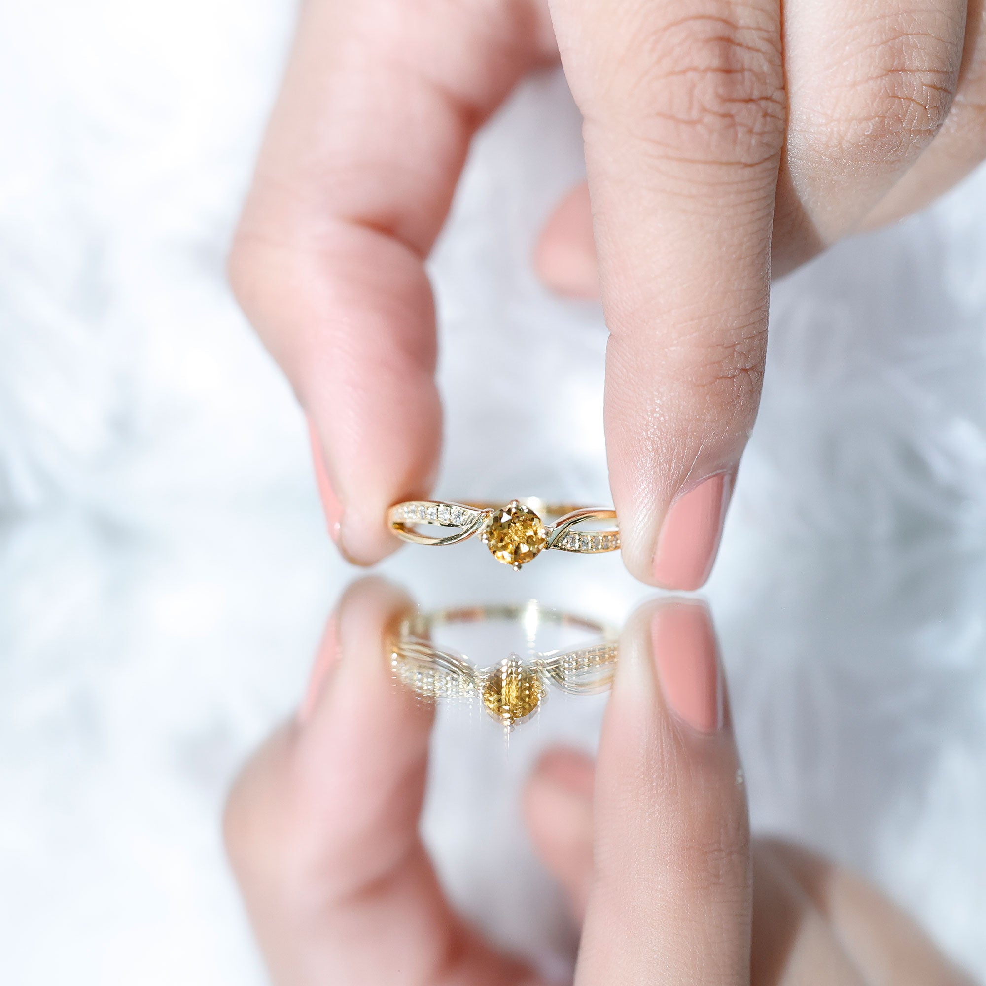 Natural Citrine Engagement Ring with Diamond Crossover Shank AAA - Rosec Jewels
