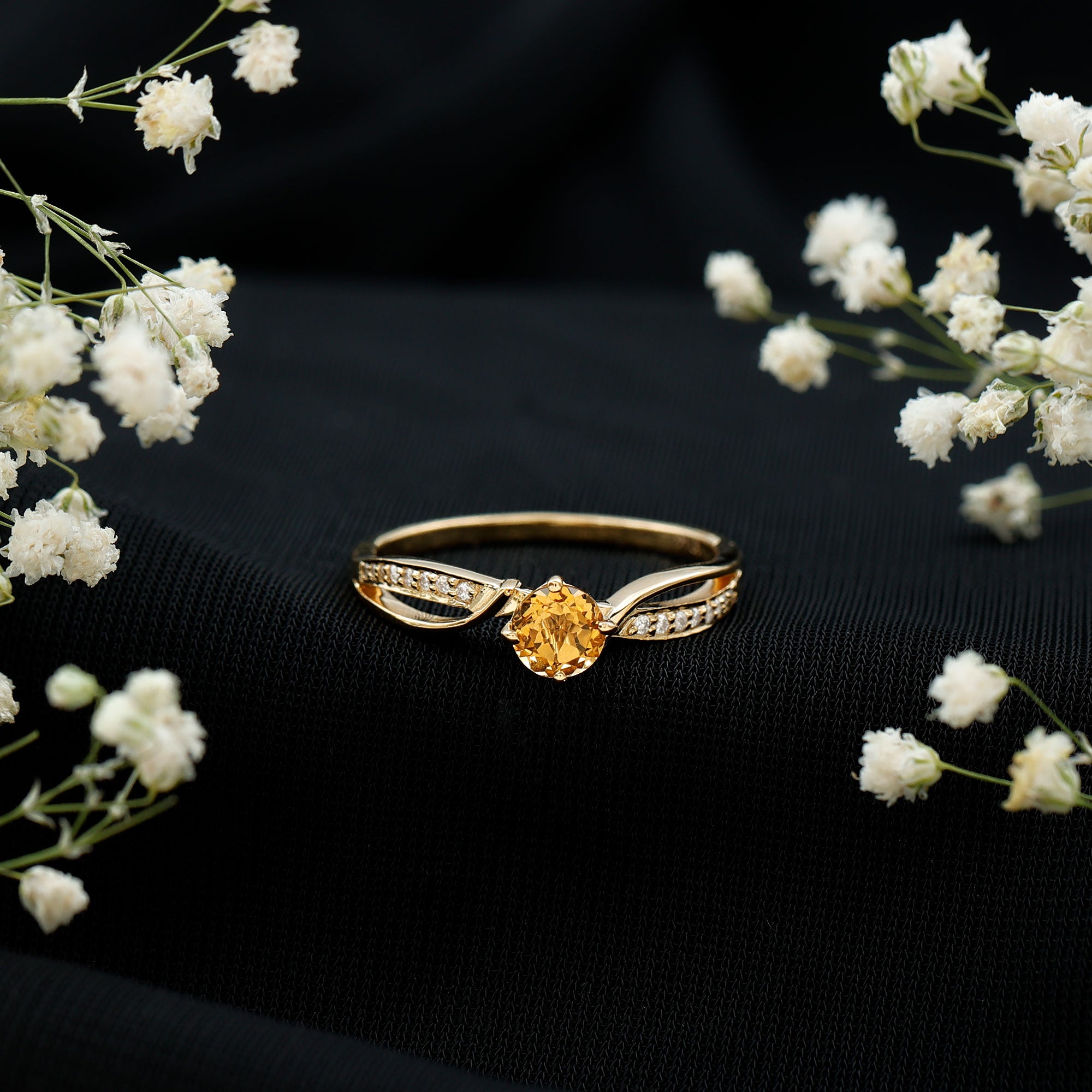 Natural Citrine Engagement Ring with Diamond Crossover Shank AAA - Rosec Jewels