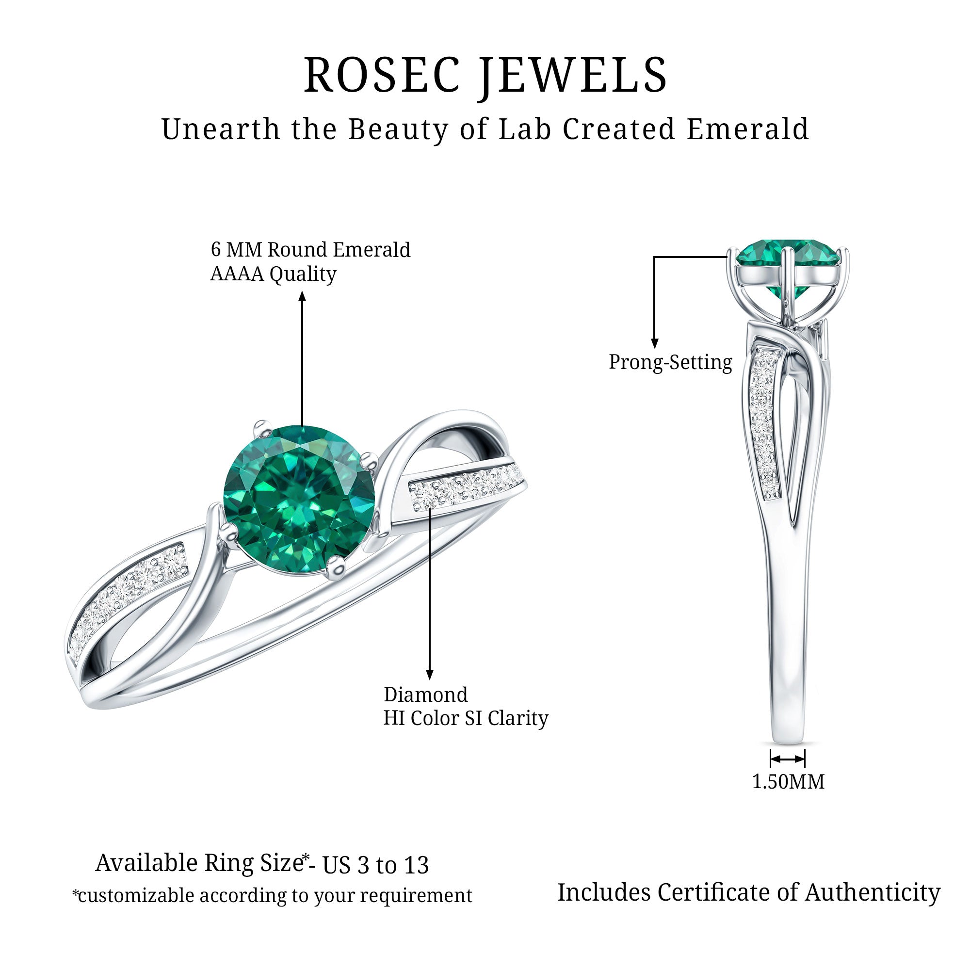 Certified Lab Grown Emerald Diamond Engagement Ring with Infinity Shank AAAA - Rosec Jewels