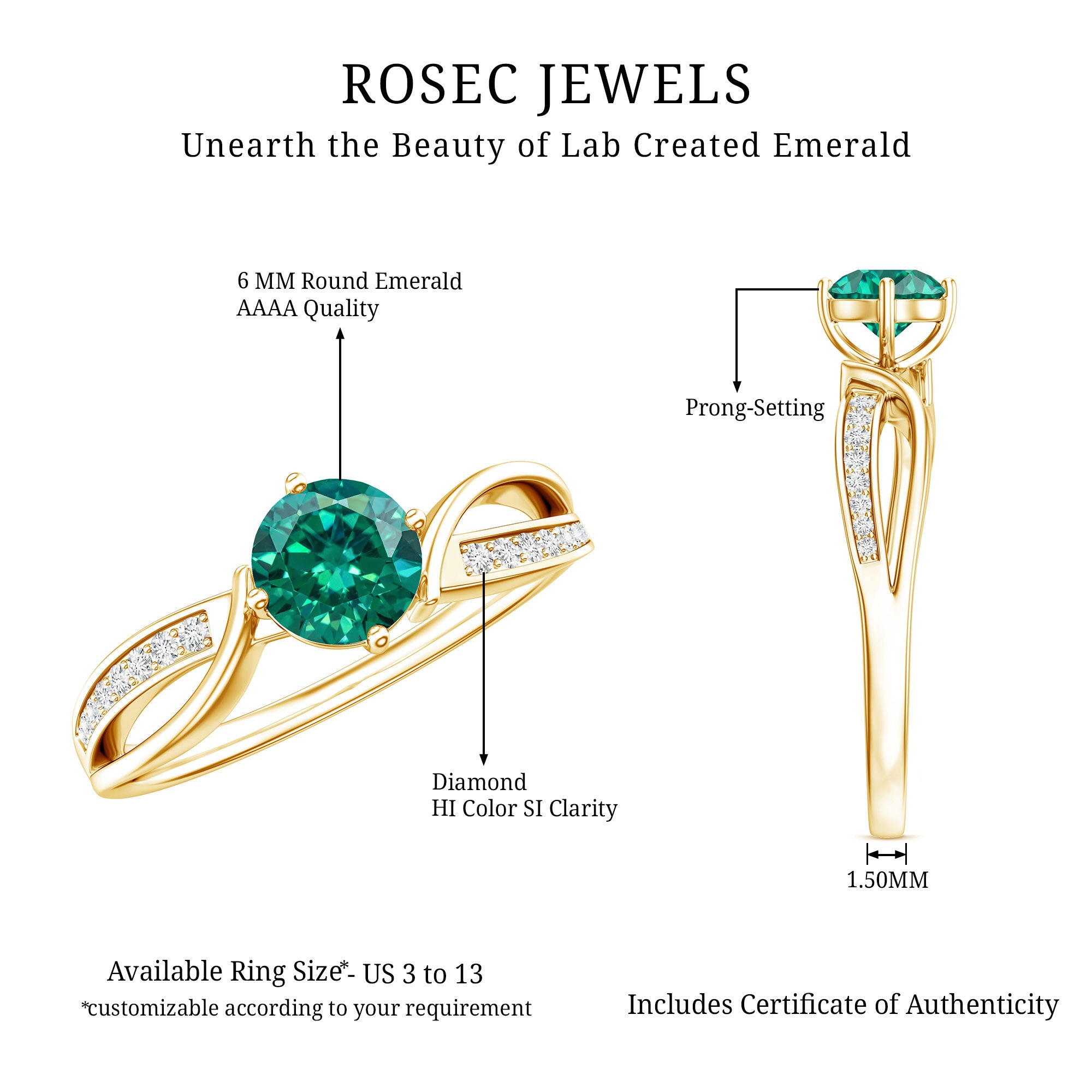 Certified Lab Grown Emerald Diamond Engagement Ring with Infinity Shank AAAA - Rosec Jewels