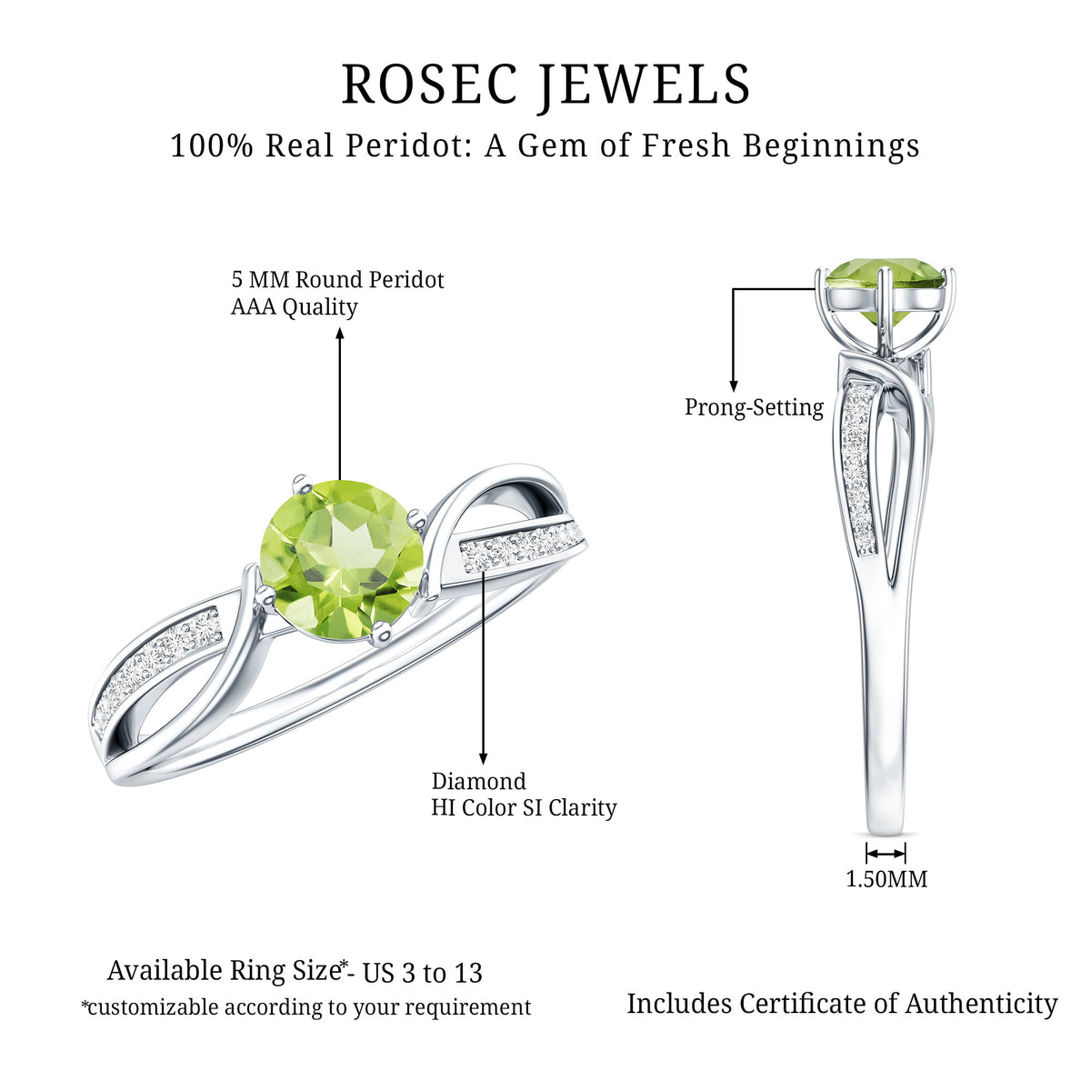 Real 0.5 Carat Peridot Infinity Promise Ring with Diamond AAA - Rosec Jewels