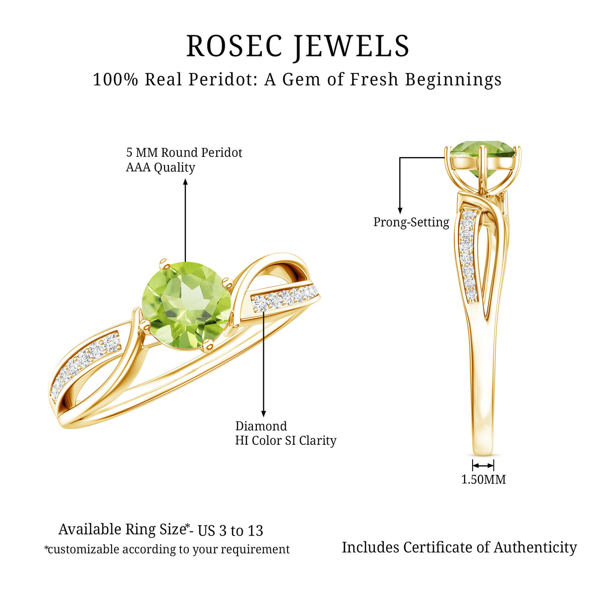 Real 0.5 Carat Peridot Infinity Promise Ring with Diamond AAA - Rosec Jewels