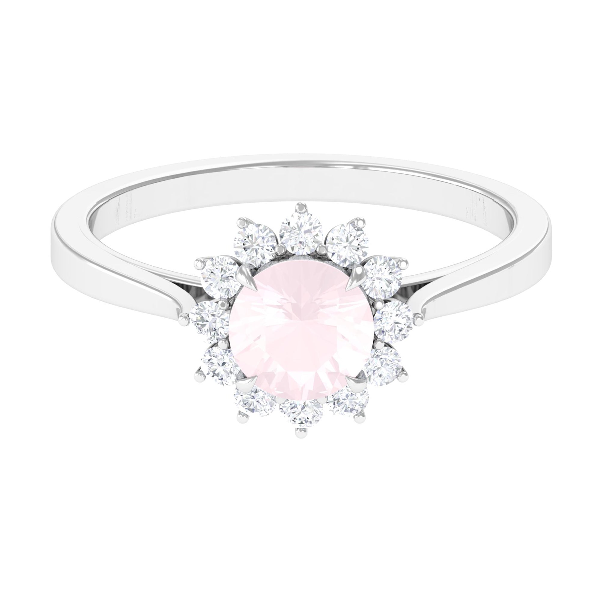 Round Shape Natural Rose Quartz Halo Ring with Diamond