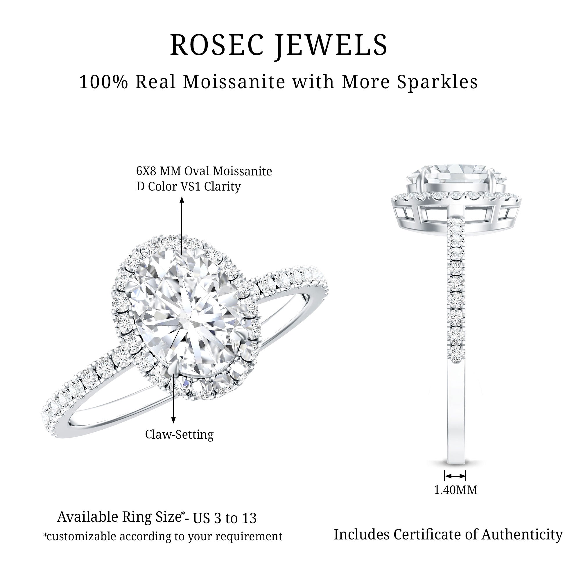 Brilliant Cut Moissanite Oblong Engagement Ring With Certificate D-VS1 - Rosec Jewels