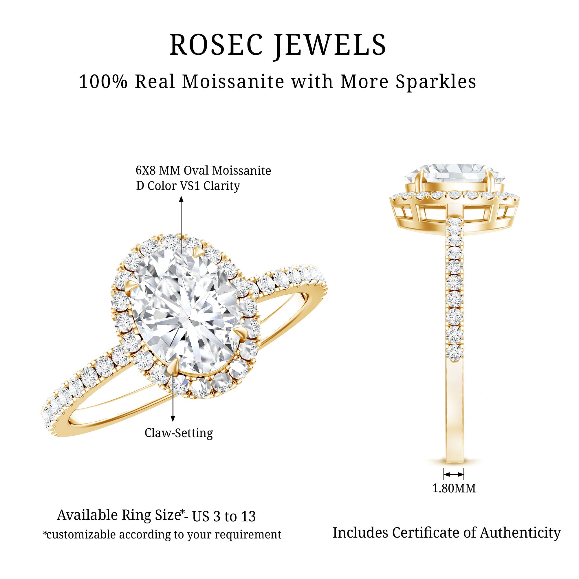 Rosec Jewels-Brilliant Cut Moissanite Oblong Engagement Ring With Certificate
