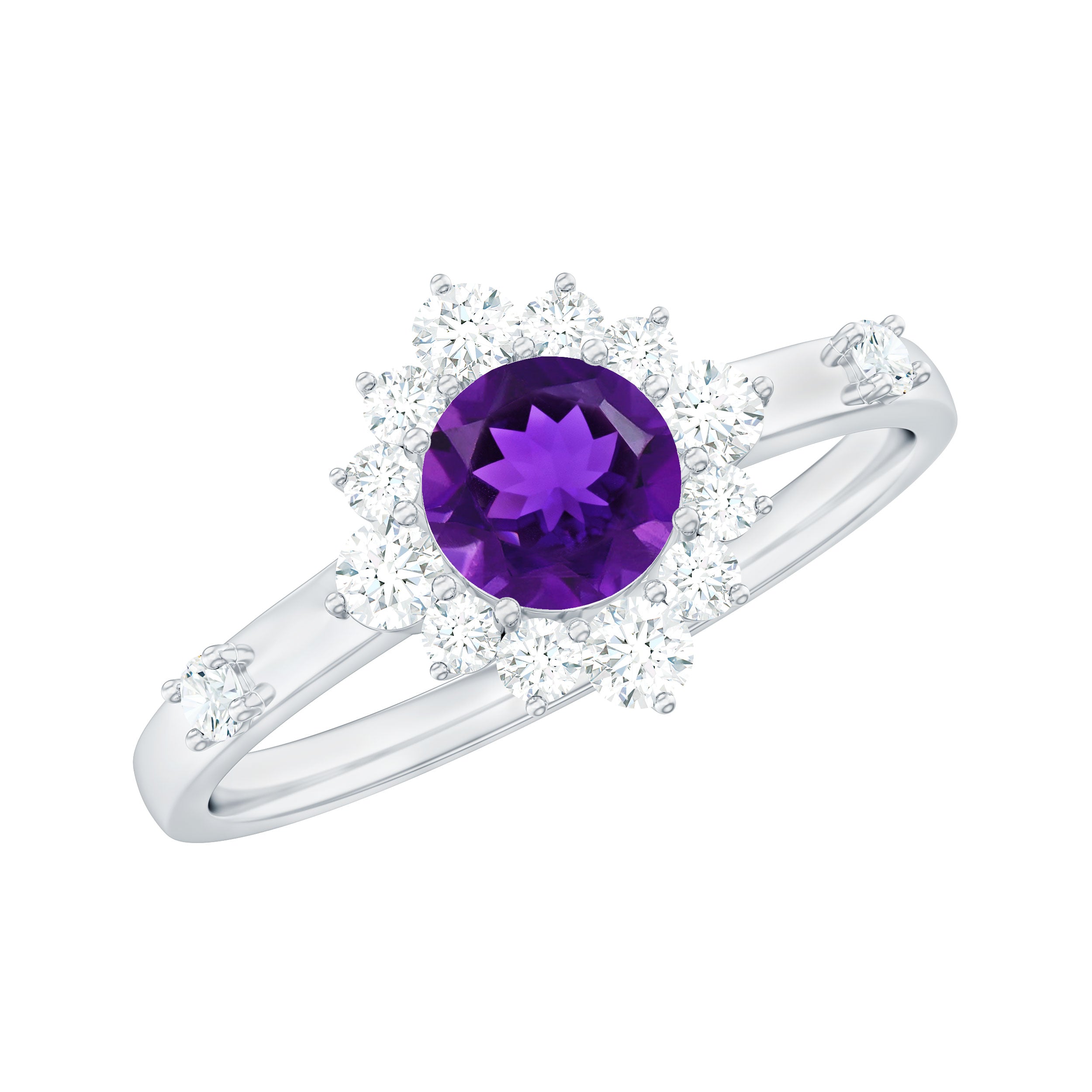 Round Amethyst and Diamond Classic Halo Ring