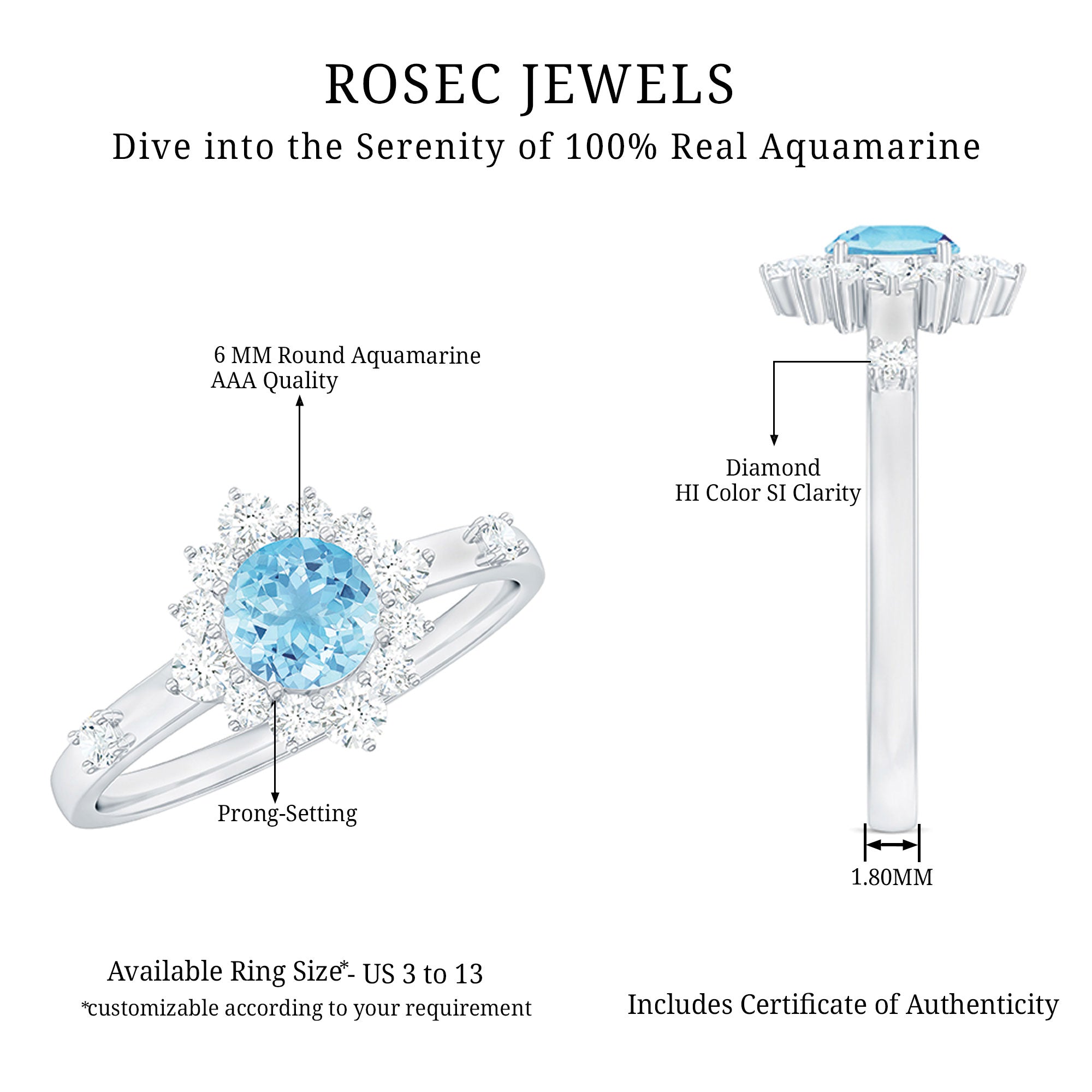 Genuine 0.8 Carat Aquamarine and Diamond Halo Engagement Ring AAA - Rosec Jewels