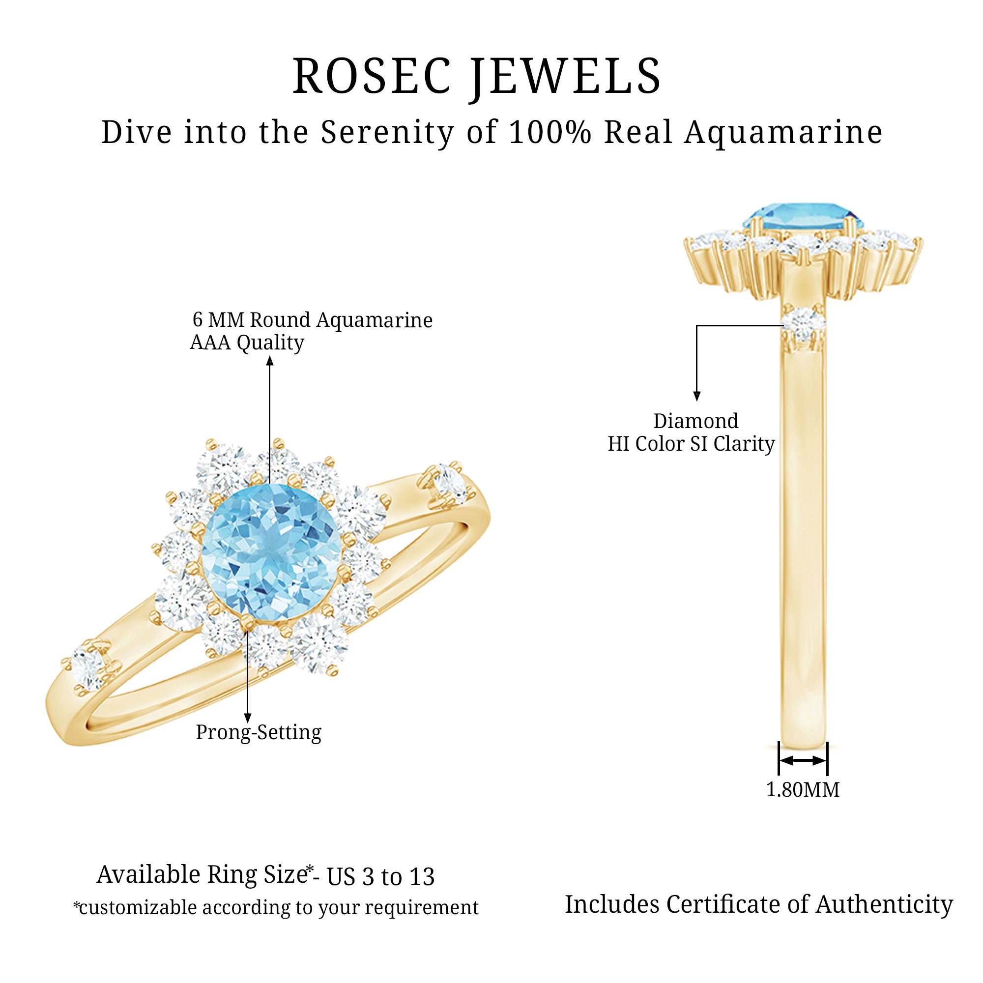 Genuine 0.8 Carat Aquamarine and Diamond Halo Engagement Ring AAA - Rosec Jewels