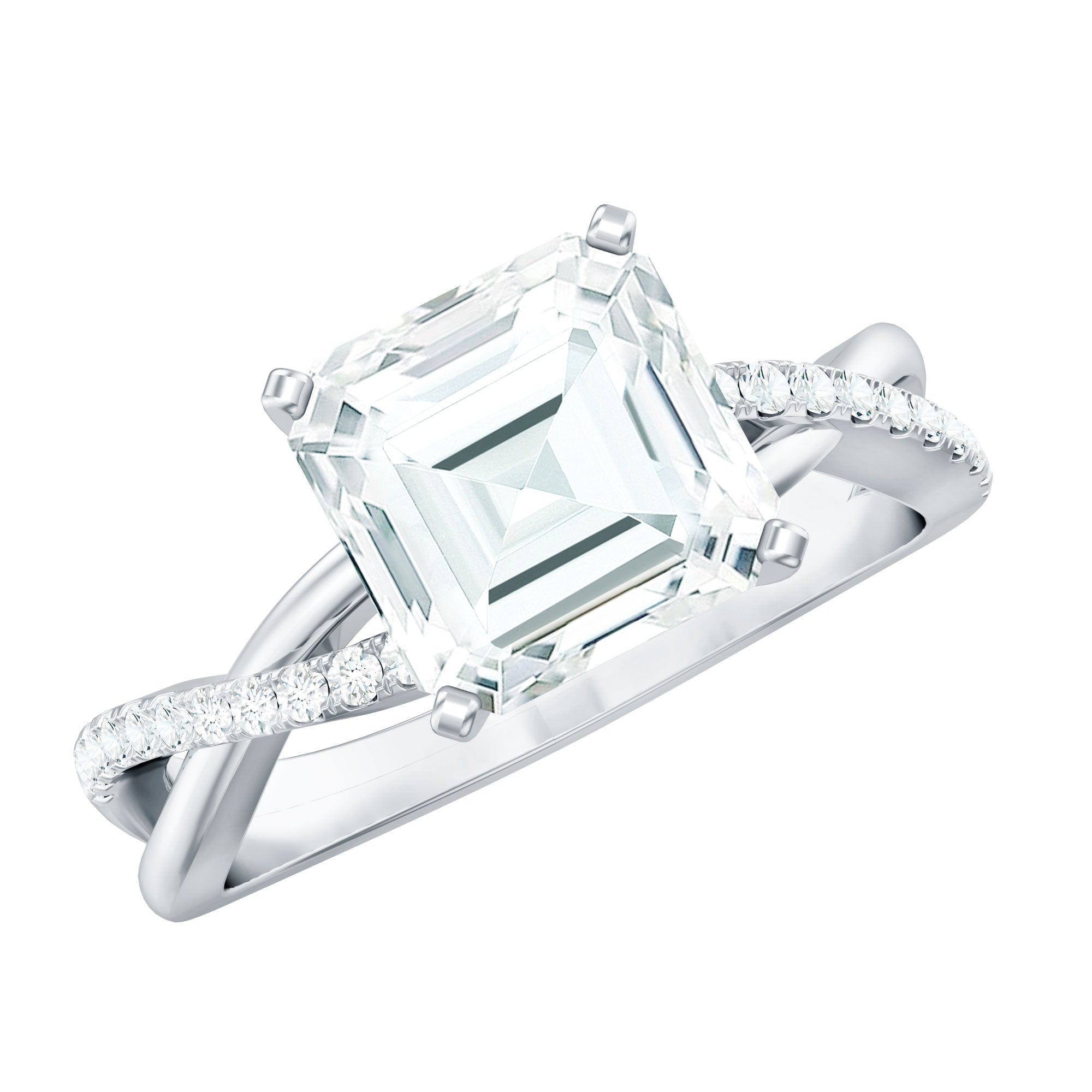 Certified Moissanite Asscher Cut Engagement Ring with Twisted Shank D-VS1 - Rosec Jewels
