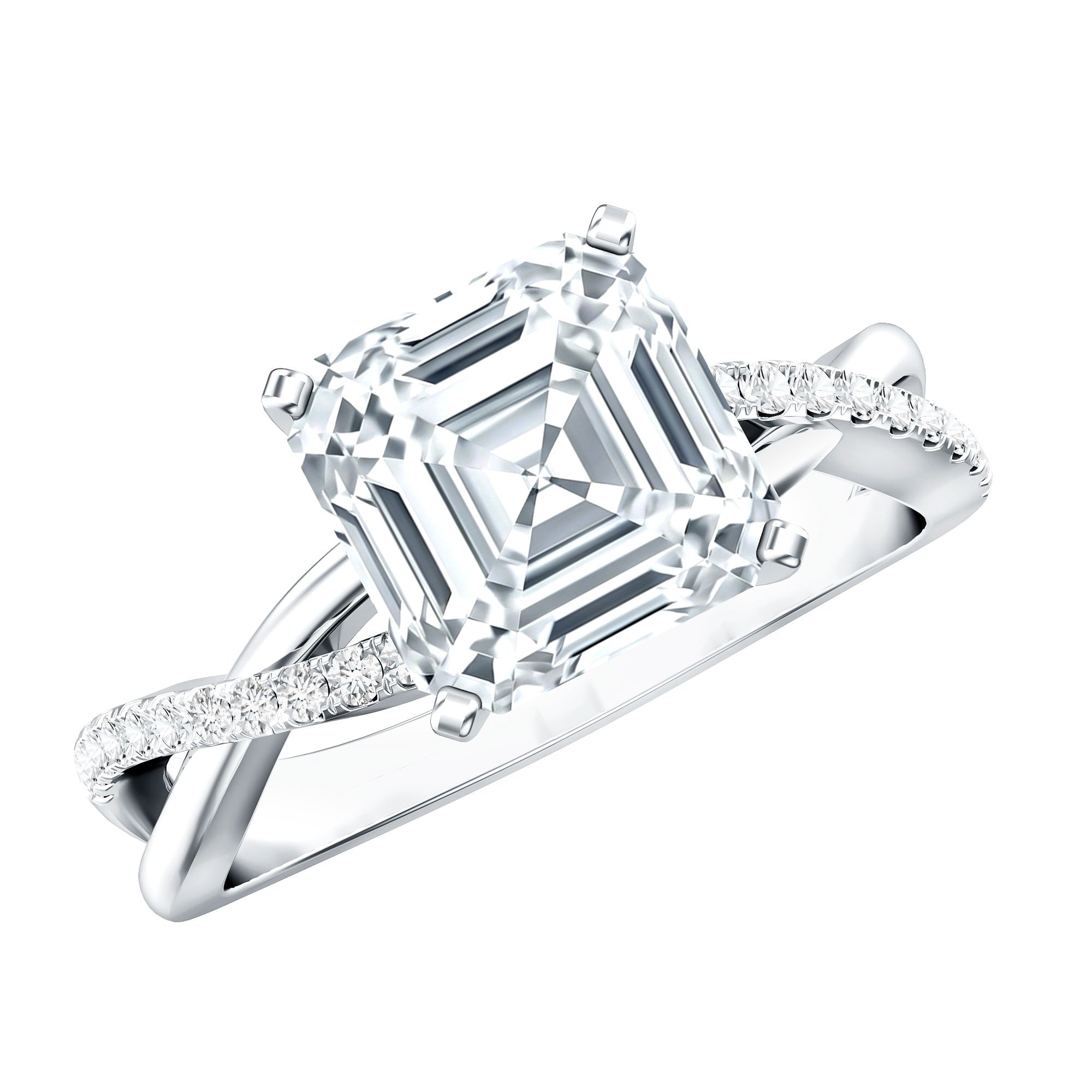 Certified Moissanite Asscher Cut Engagement Ring with Twisted Shank D-VS1 - Rosec Jewels