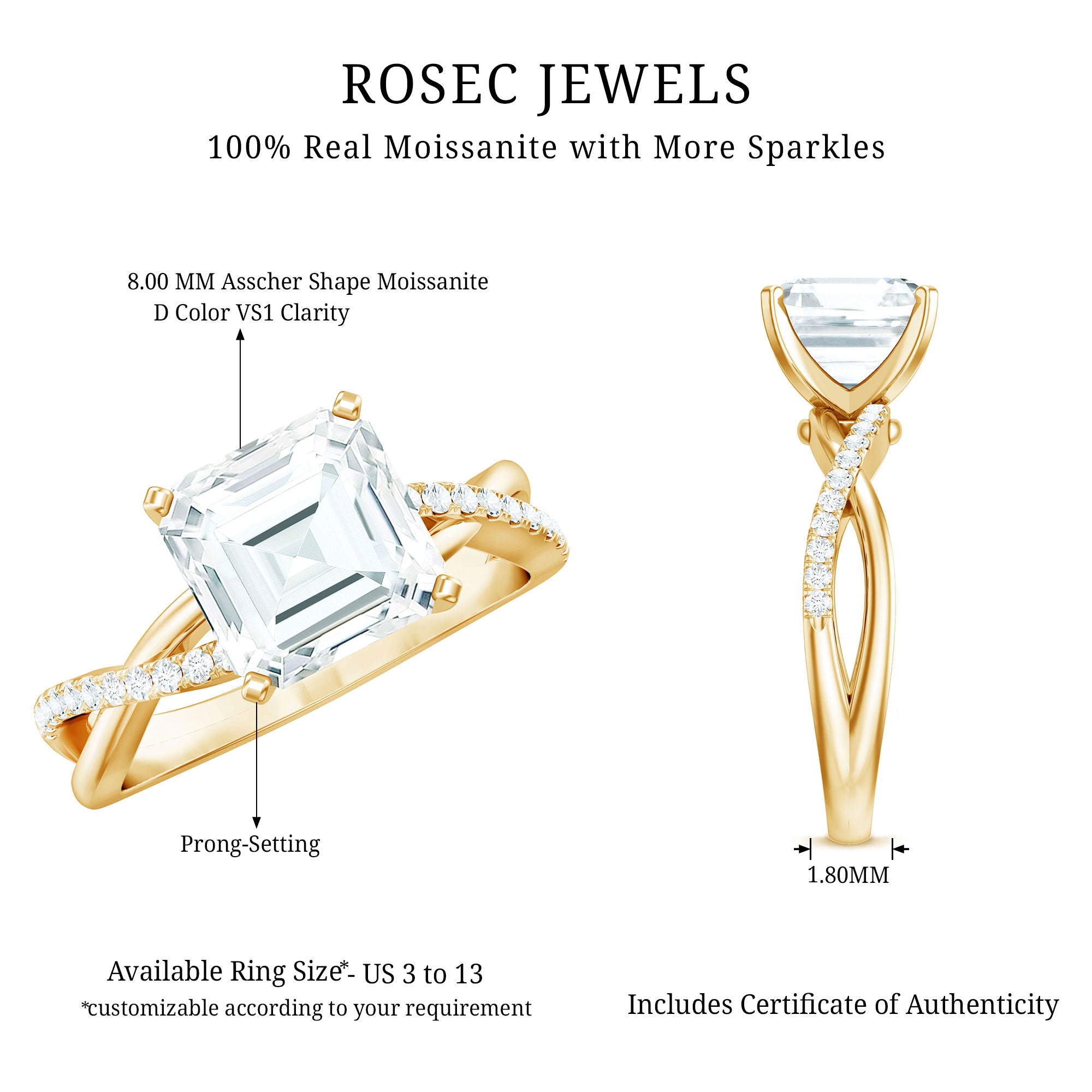 Certified Moissanite Asscher Cut Engagement Ring with Twisted Shank D-VS1 - Rosec Jewels