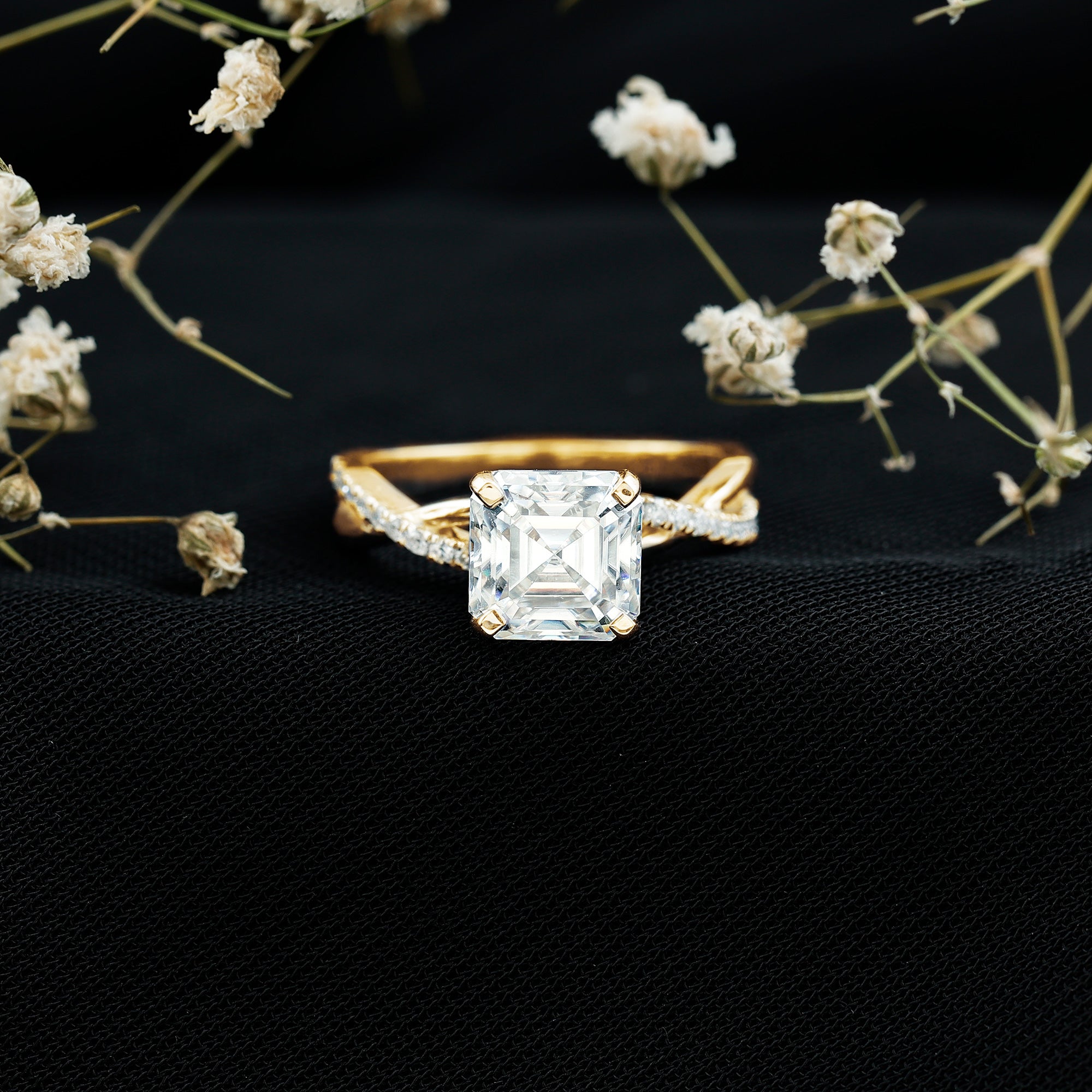 Certified Moissanite Asscher Cut Engagement Ring with Twisted Shank D-VS1 - Rosec Jewels