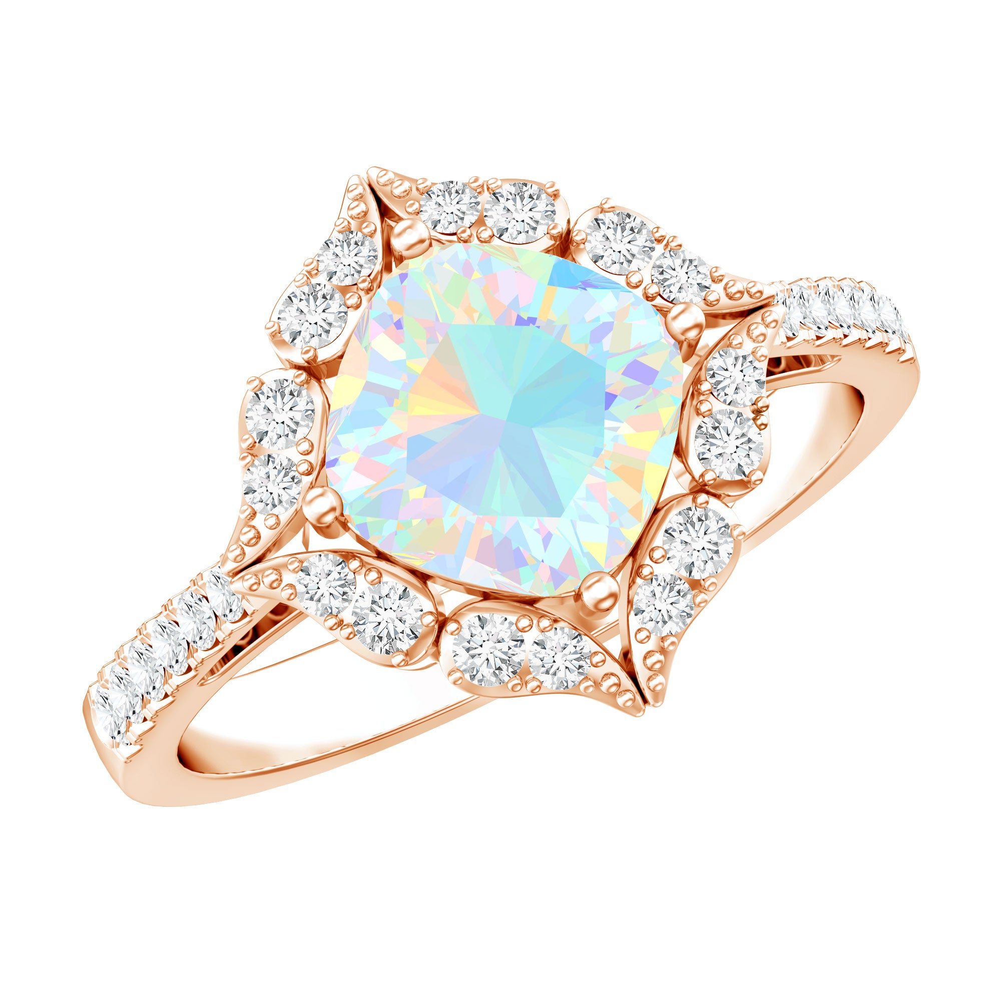 Certified Real 8mm Opalescent Vintage Inspired Engagement Ring with Diamond Halo AAA - Rosec Jewels