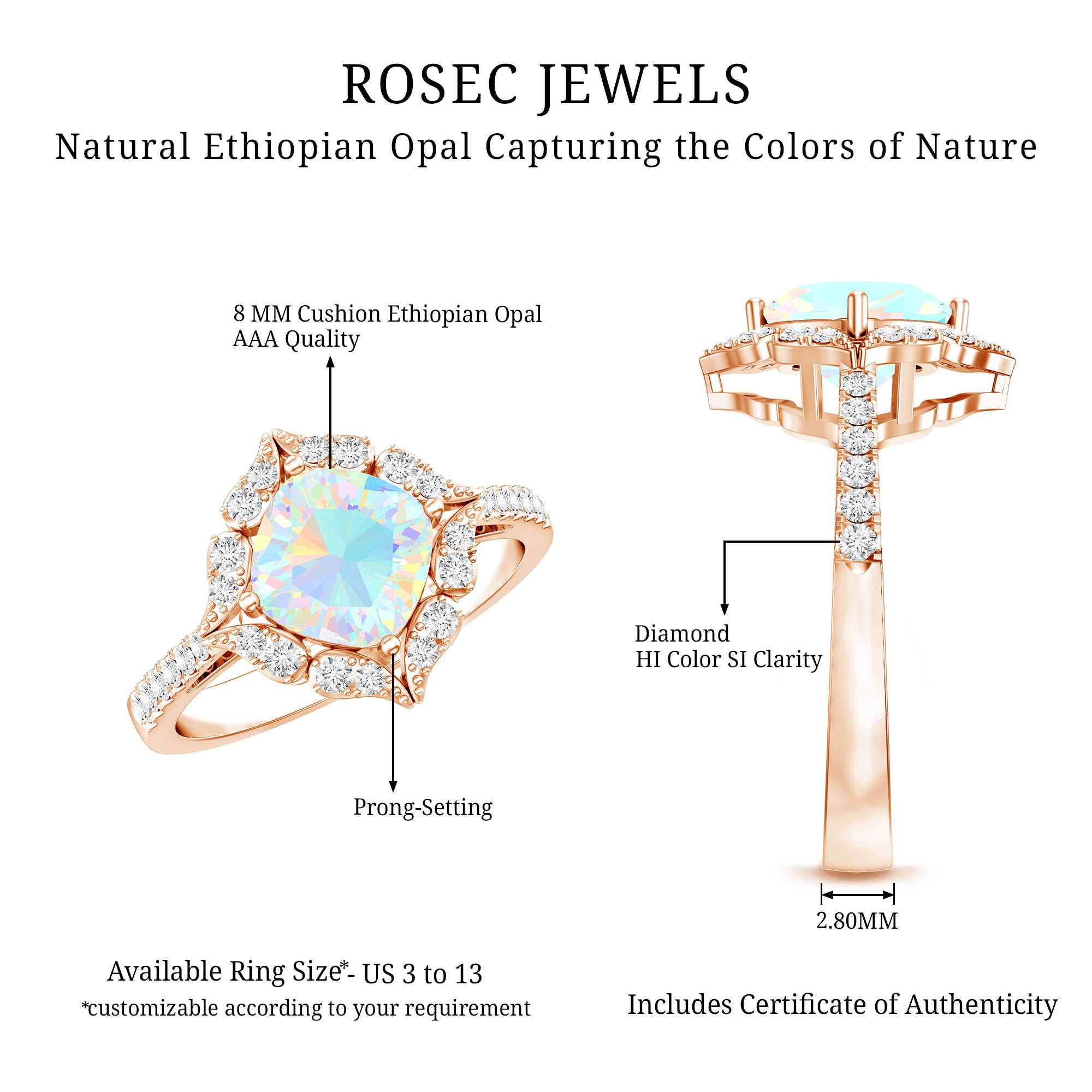 Certified Real 8mm Opalescent Vintage Inspired Engagement Ring with Diamond Halo AAA - Rosec Jewels