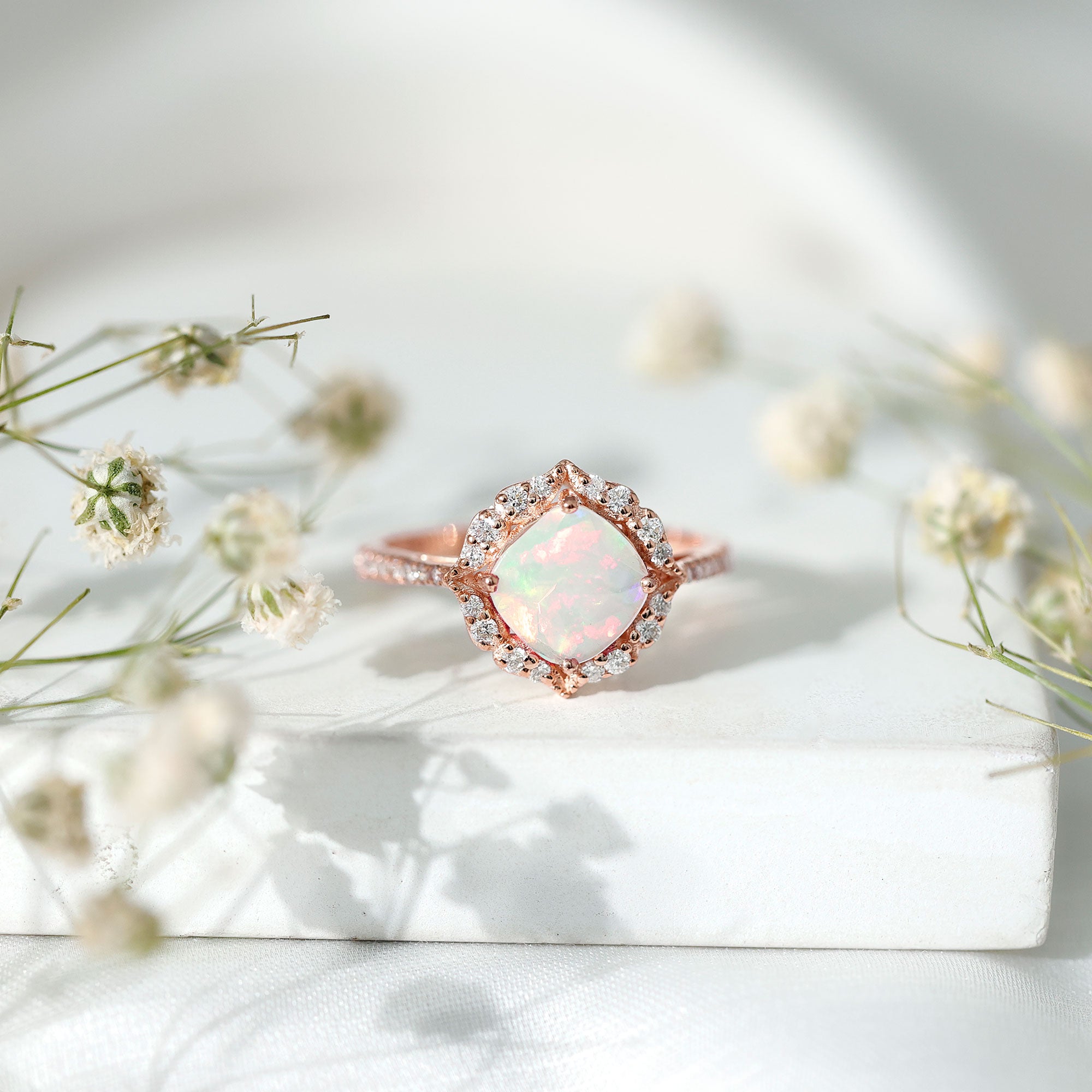 Certified Real 8mm Opalescent Vintage Inspired Engagement Ring with Diamond Halo AAA - Rosec Jewels