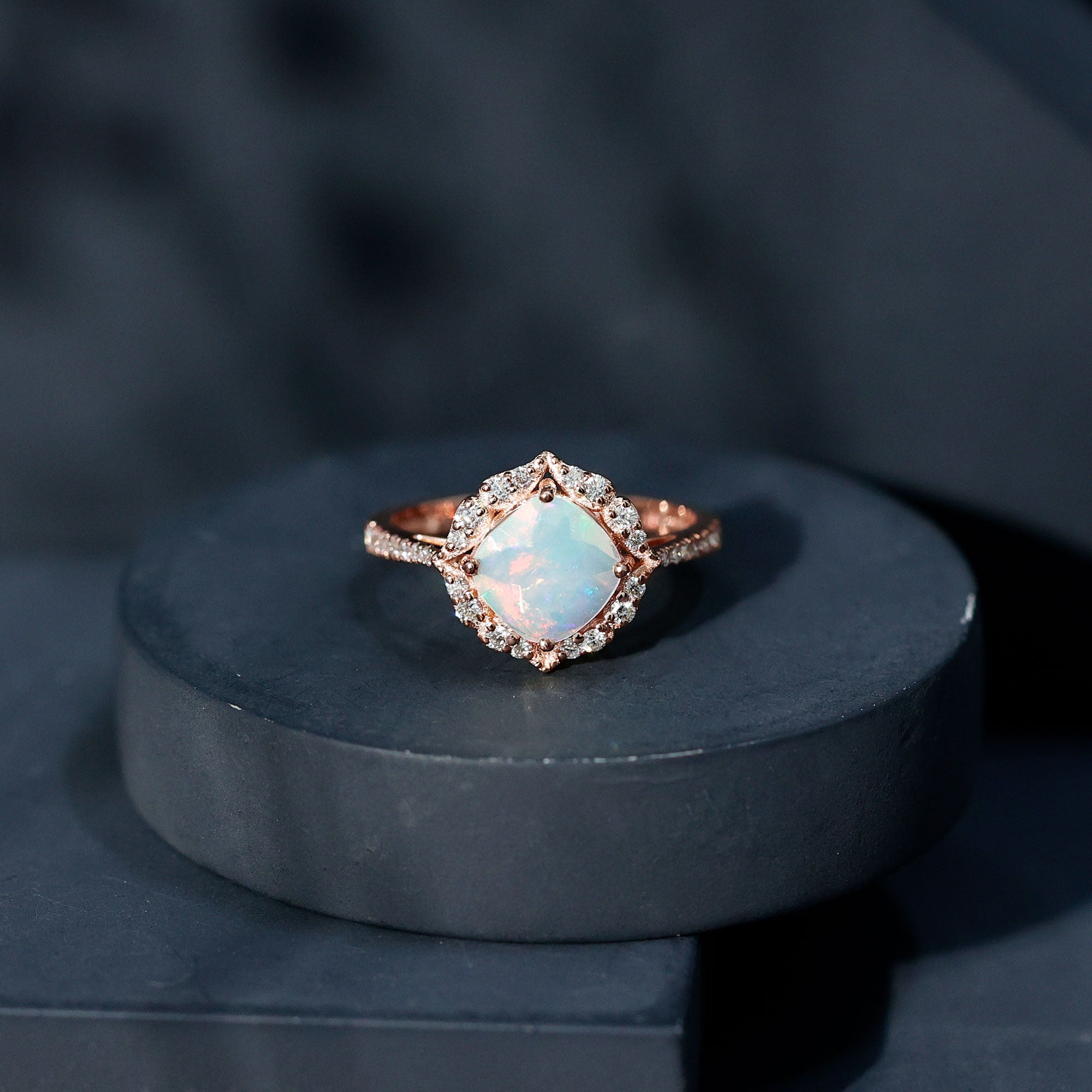 Certified Real 8mm Opalescent Vintage Inspired Engagement Ring with Diamond Halo AAA - Rosec Jewels